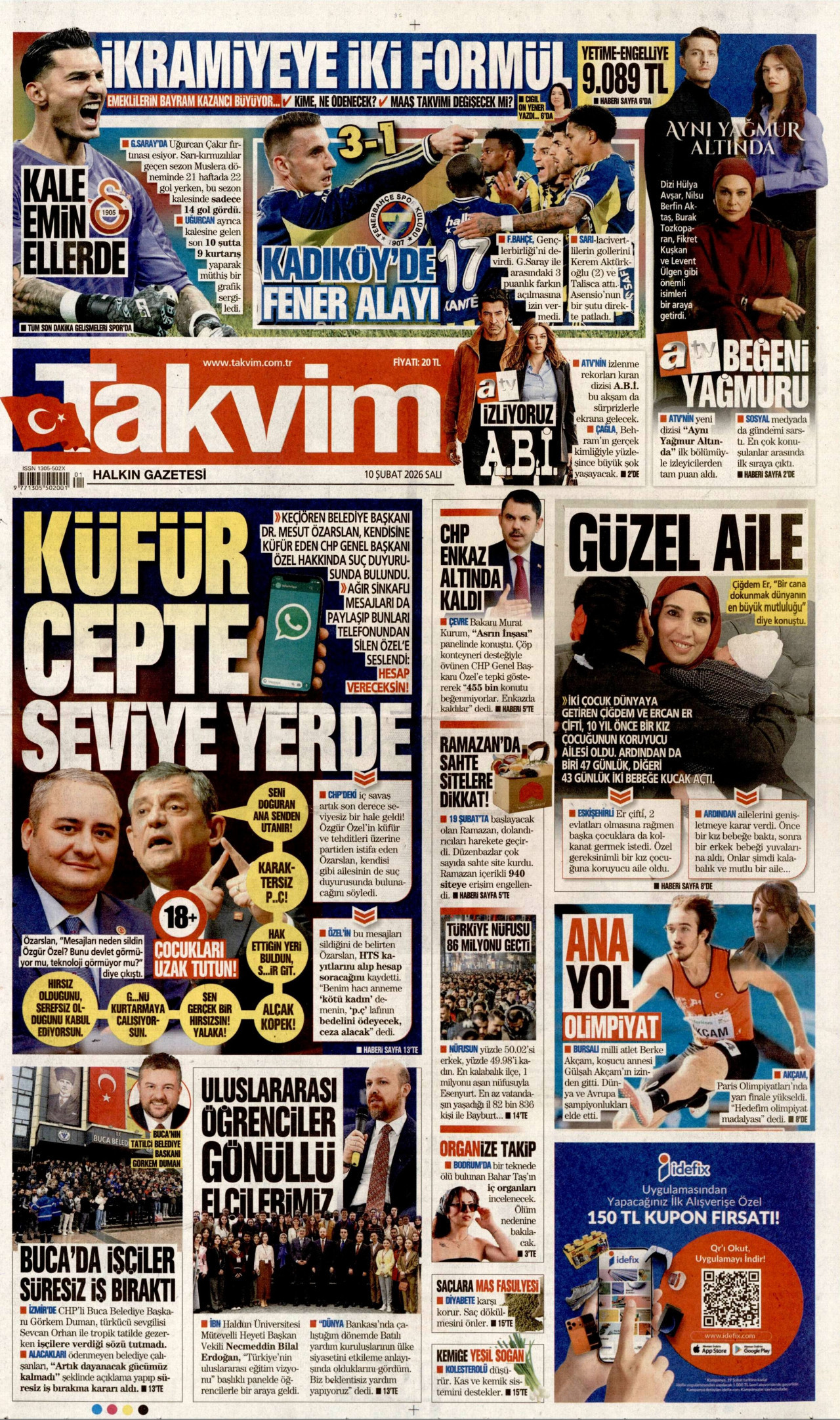 TAKVİM gazetesinin 10 Şubat 2026 tarihli birinci sayfası