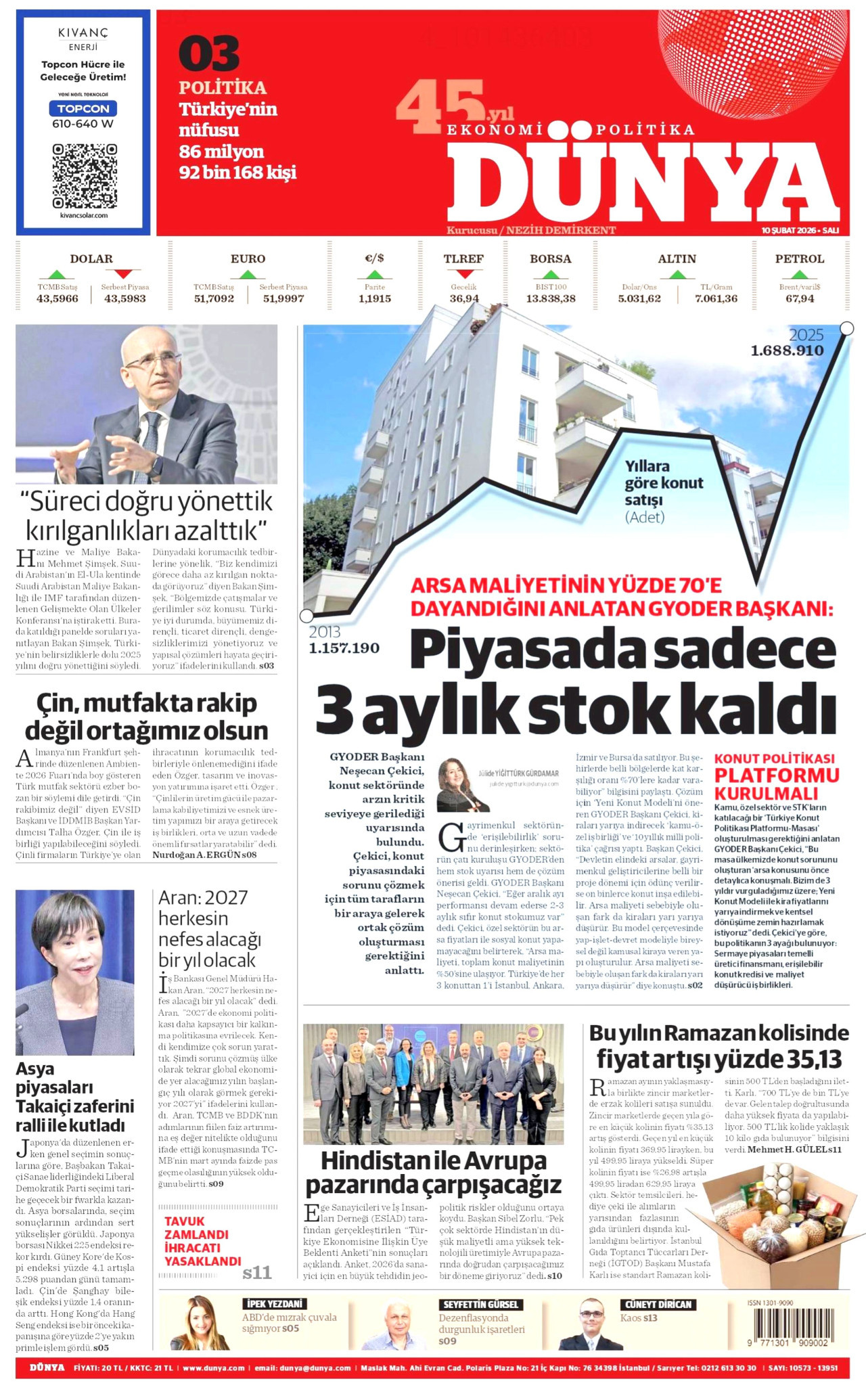 DÜNYA gazetesinin 10 Şubat 2026 tarihli birinci sayfası