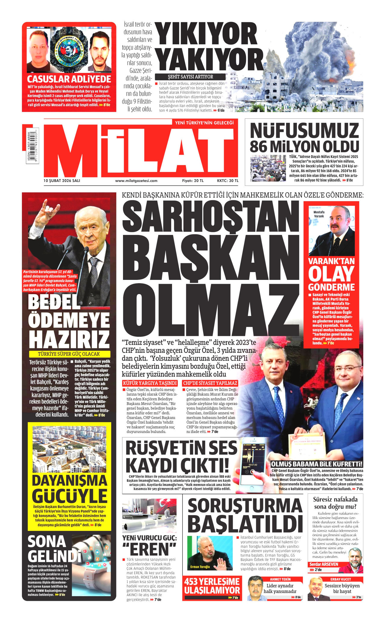 MİLAT gazetesinin 10 Şubat 2026 tarihli birinci sayfası