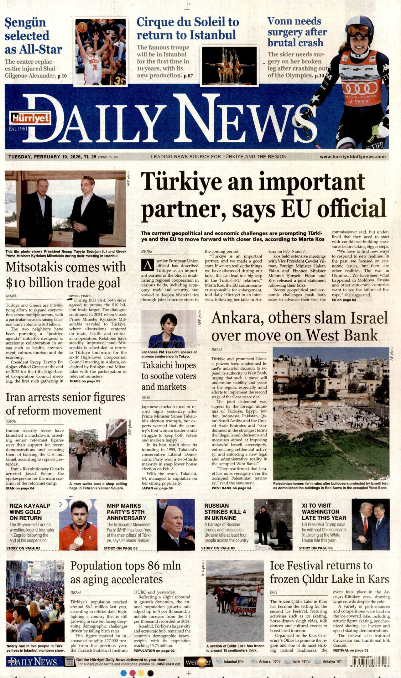 HÜRRİYET DAİLY NEWS gazetesinin 10 Şubat 2026 tarihli birinci sayfası
