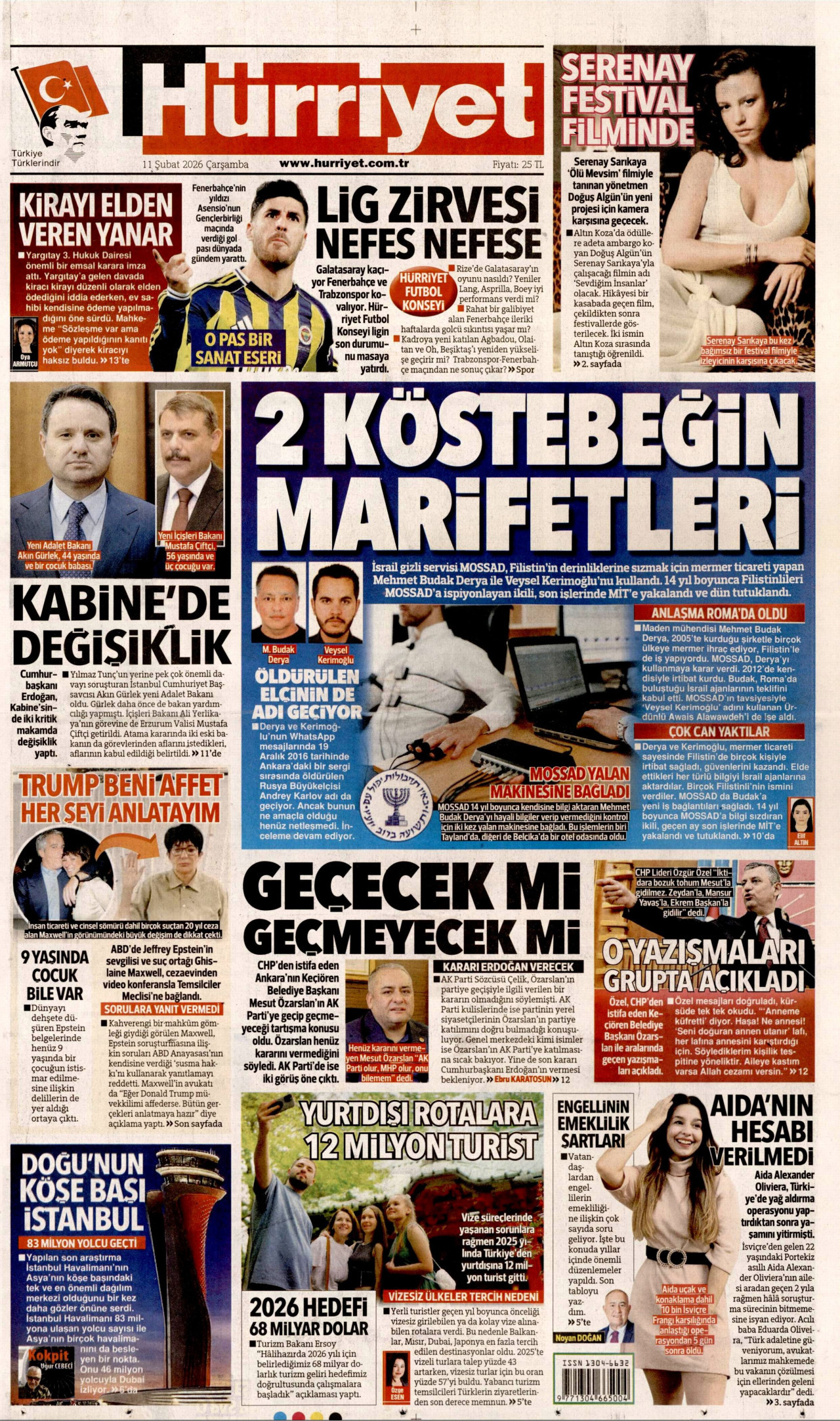 HÜRRİYET gazetesinin 11 Şubat 2026 tarihli birinci sayfası