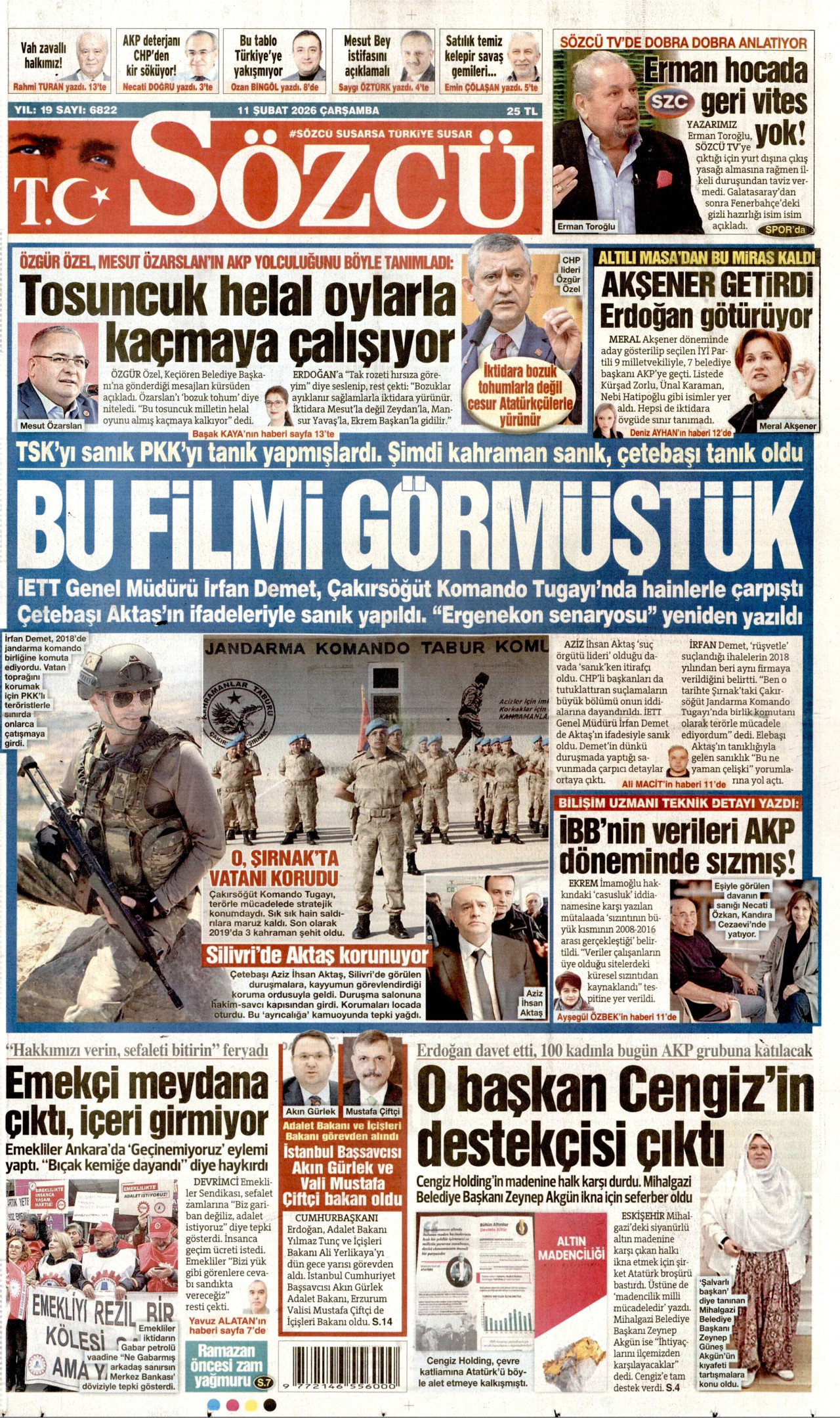 SÖZCÜ gazetesinin 11 Şubat 2026 tarihli birinci sayfası