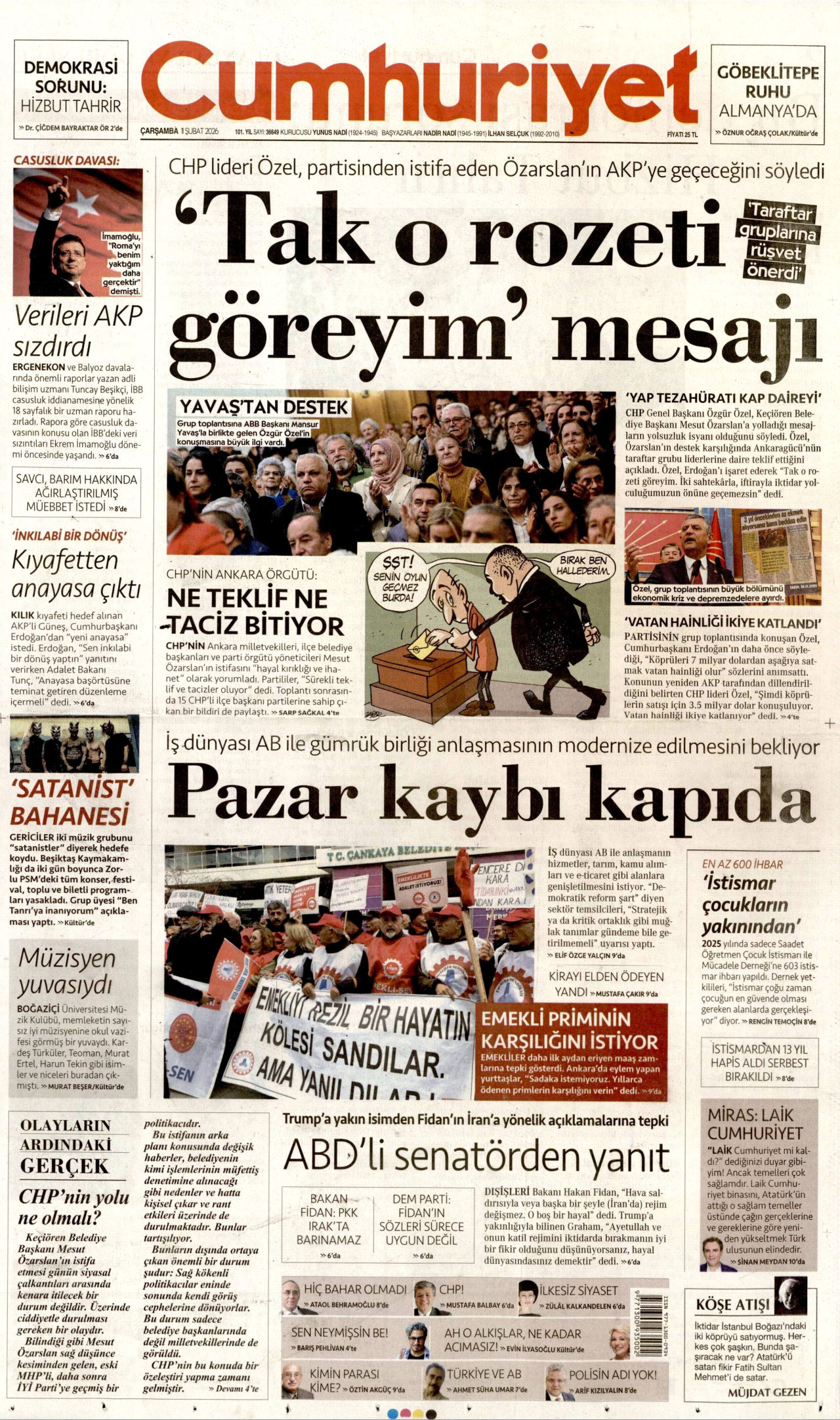 CUMHURİYET gazetesinin 11 Şubat 2026 tarihli birinci sayfası