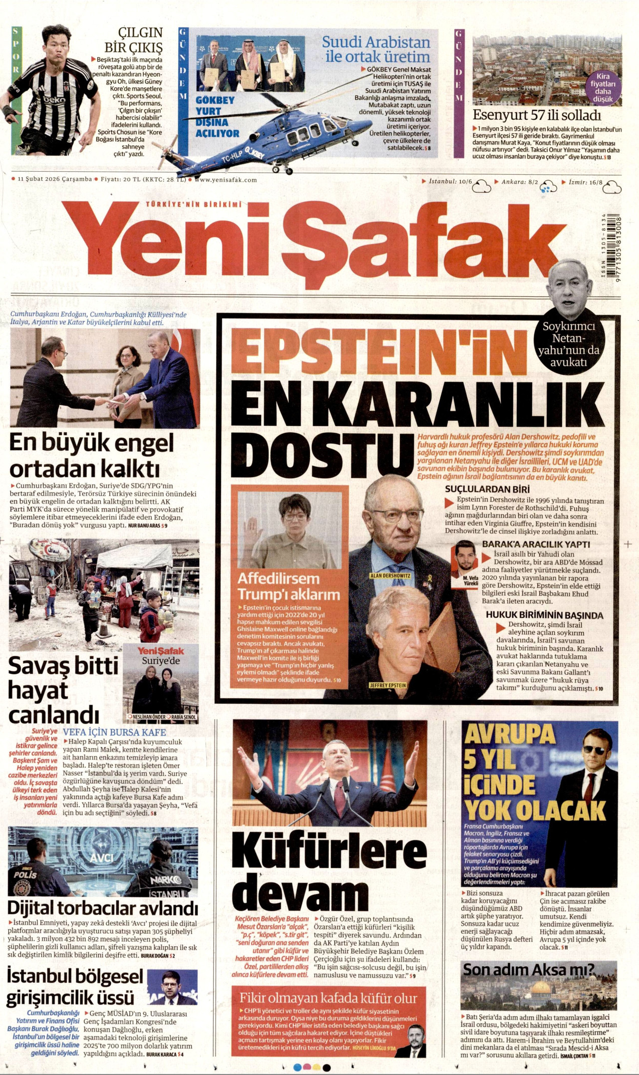 YENİ ŞAFAK gazetesinin 11 Şubat 2026 tarihli birinci sayfası