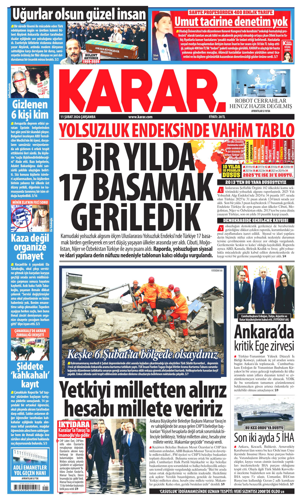 KARAR gazetesinin 11 Şubat 2026 tarihli birinci sayfası