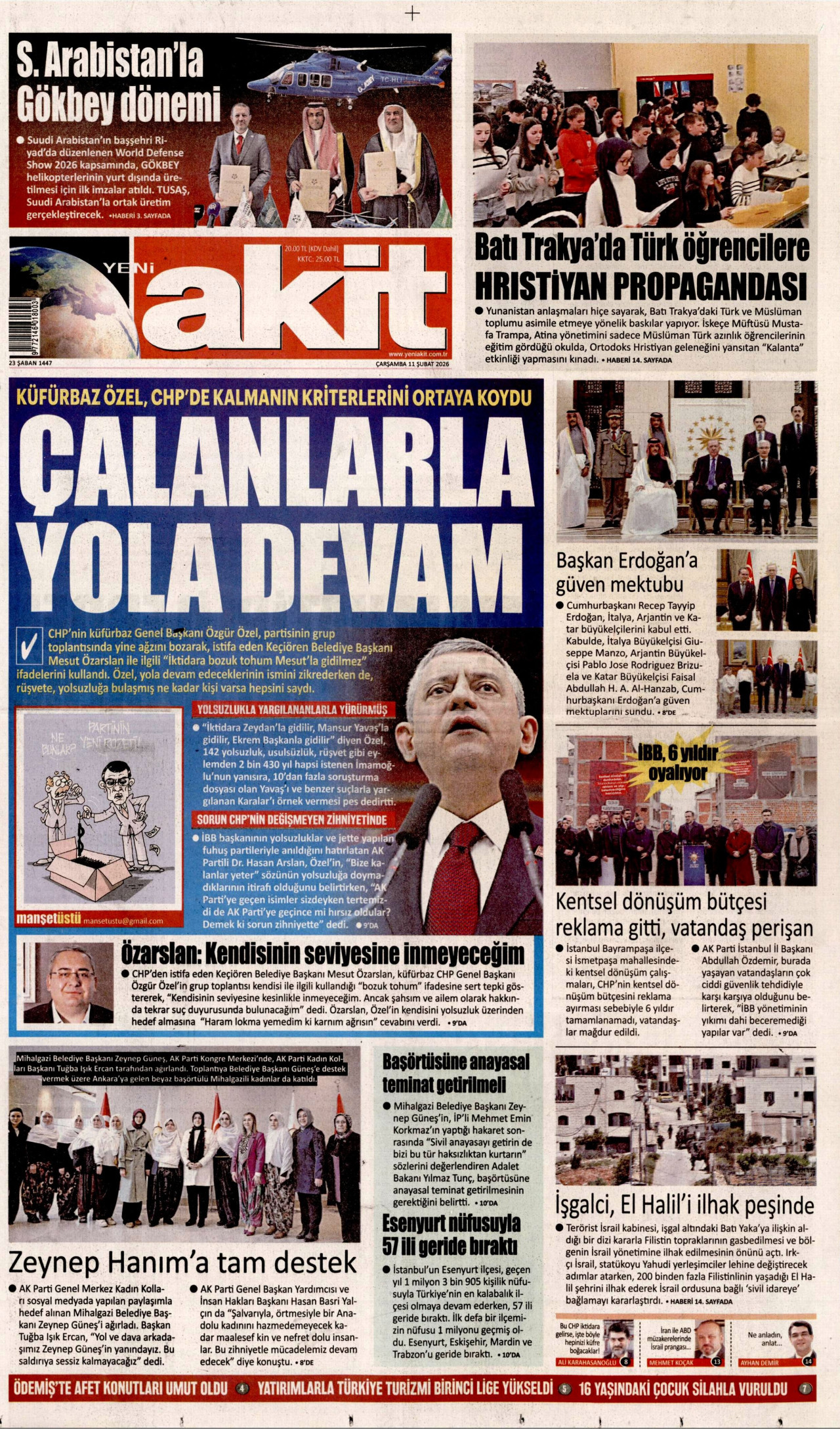 YENİ AKİT gazetesinin 11 Şubat 2026 tarihli birinci sayfası