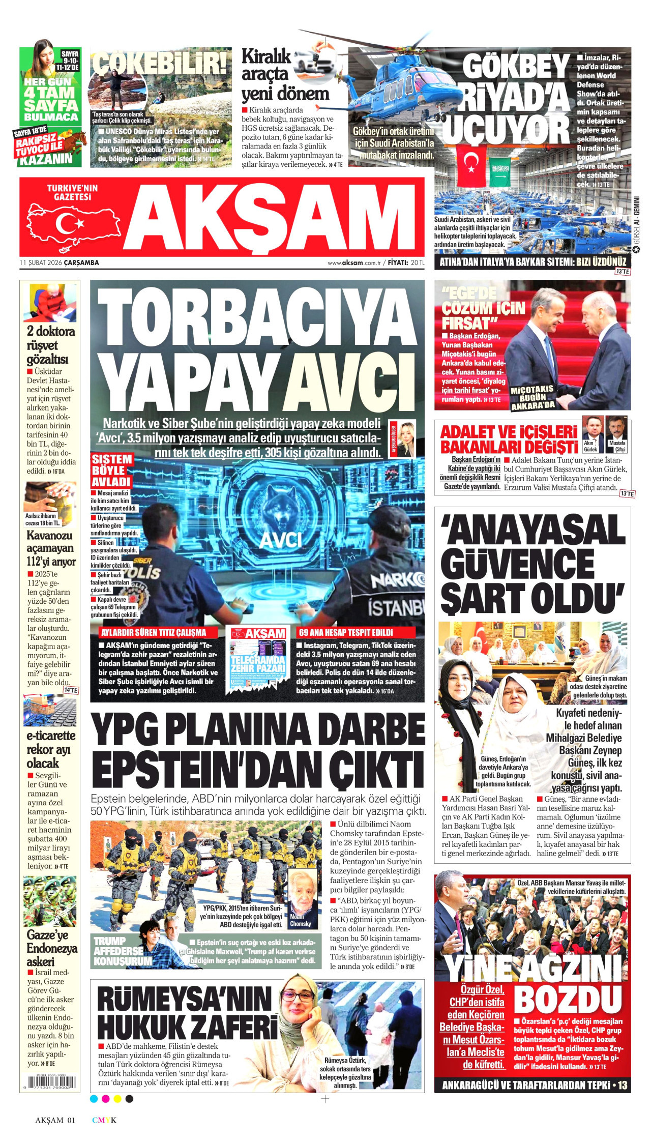 AKŞAM gazetesinin 11 Şubat 2026 tarihli birinci sayfası