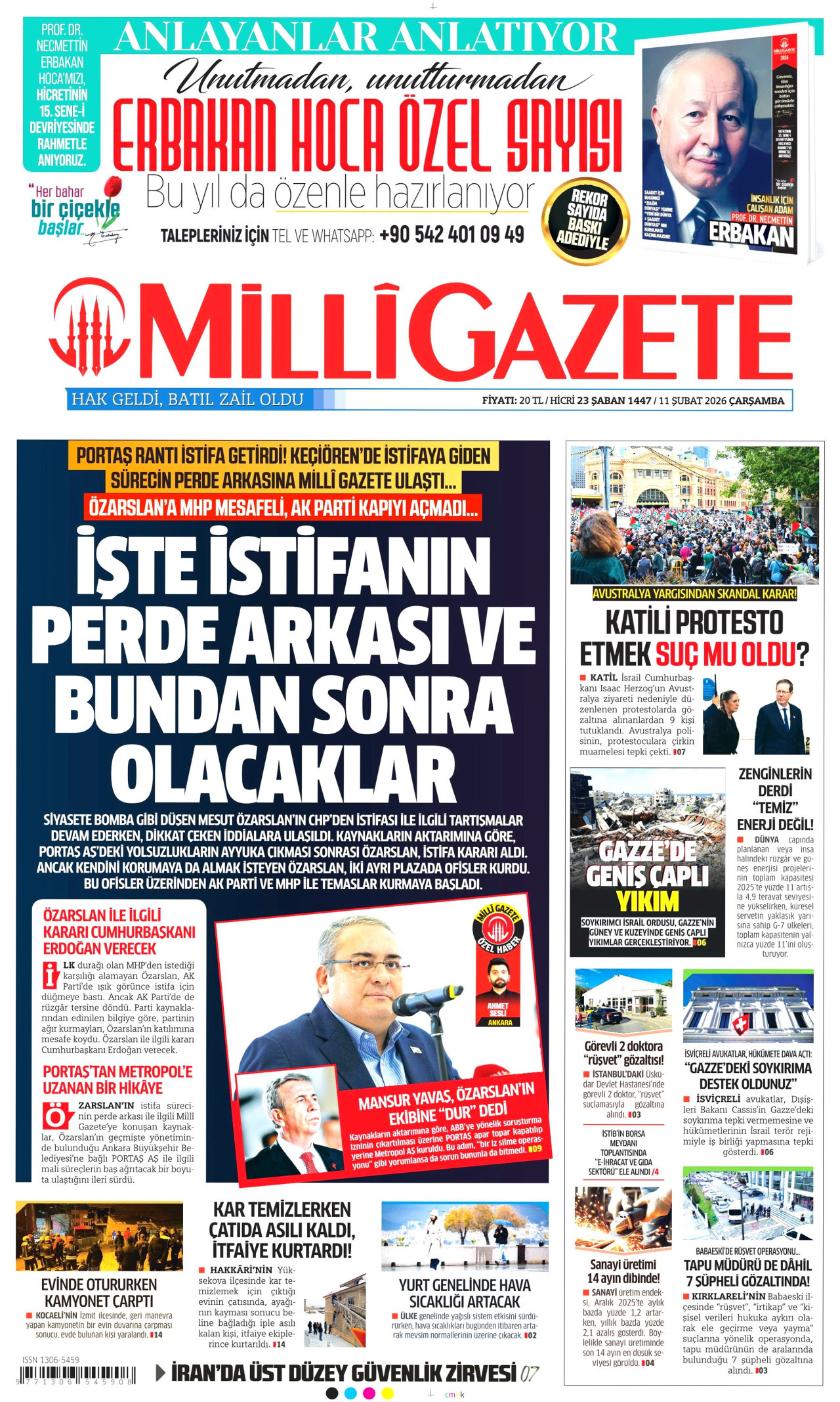 MİLLİ GAZETE gazetesinin 11 Şubat 2026 tarihli birinci sayfası
