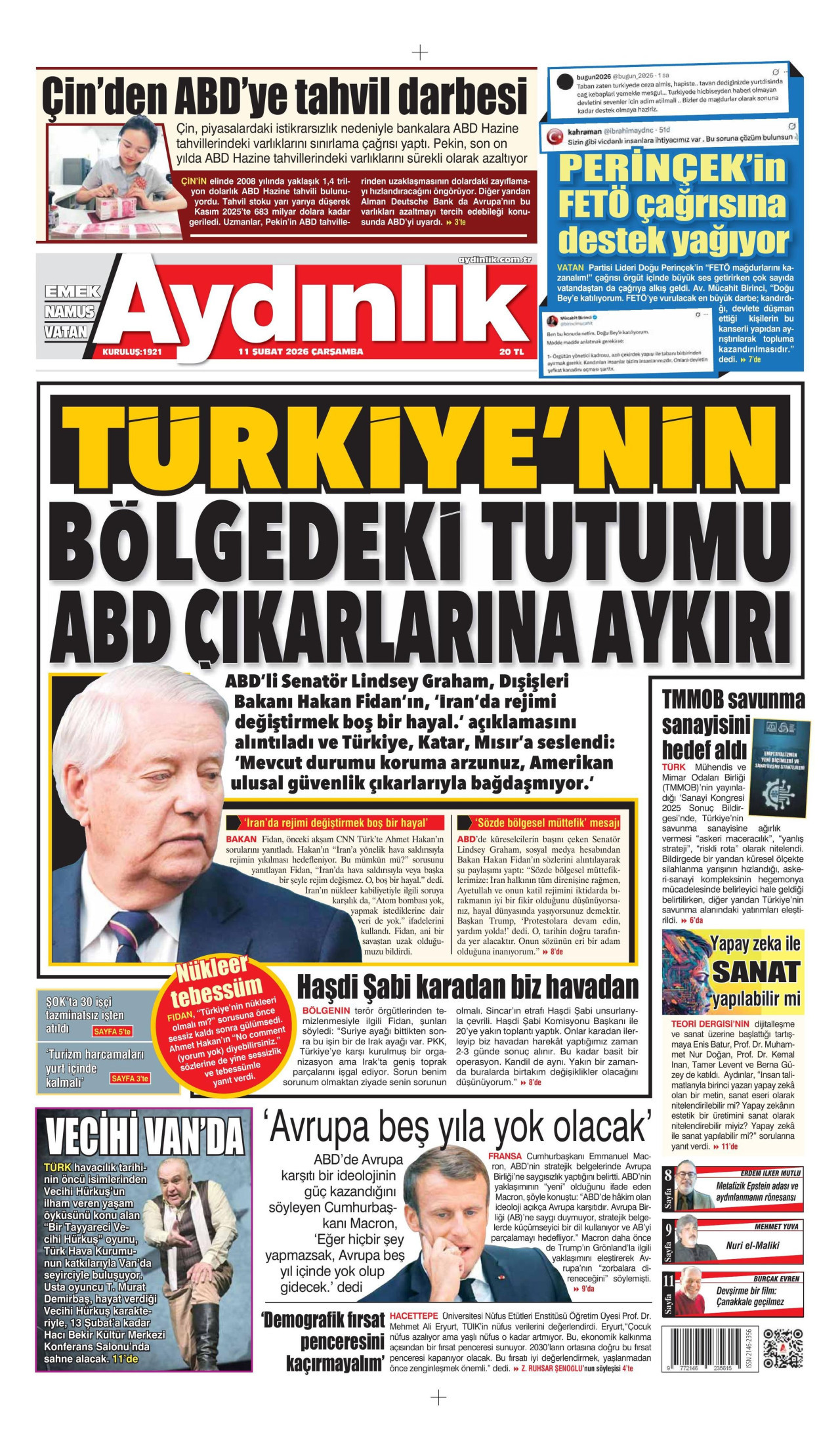 AYDINLIK GAZETESİ gazetesinin 11 Şubat 2026 tarihli birinci sayfası