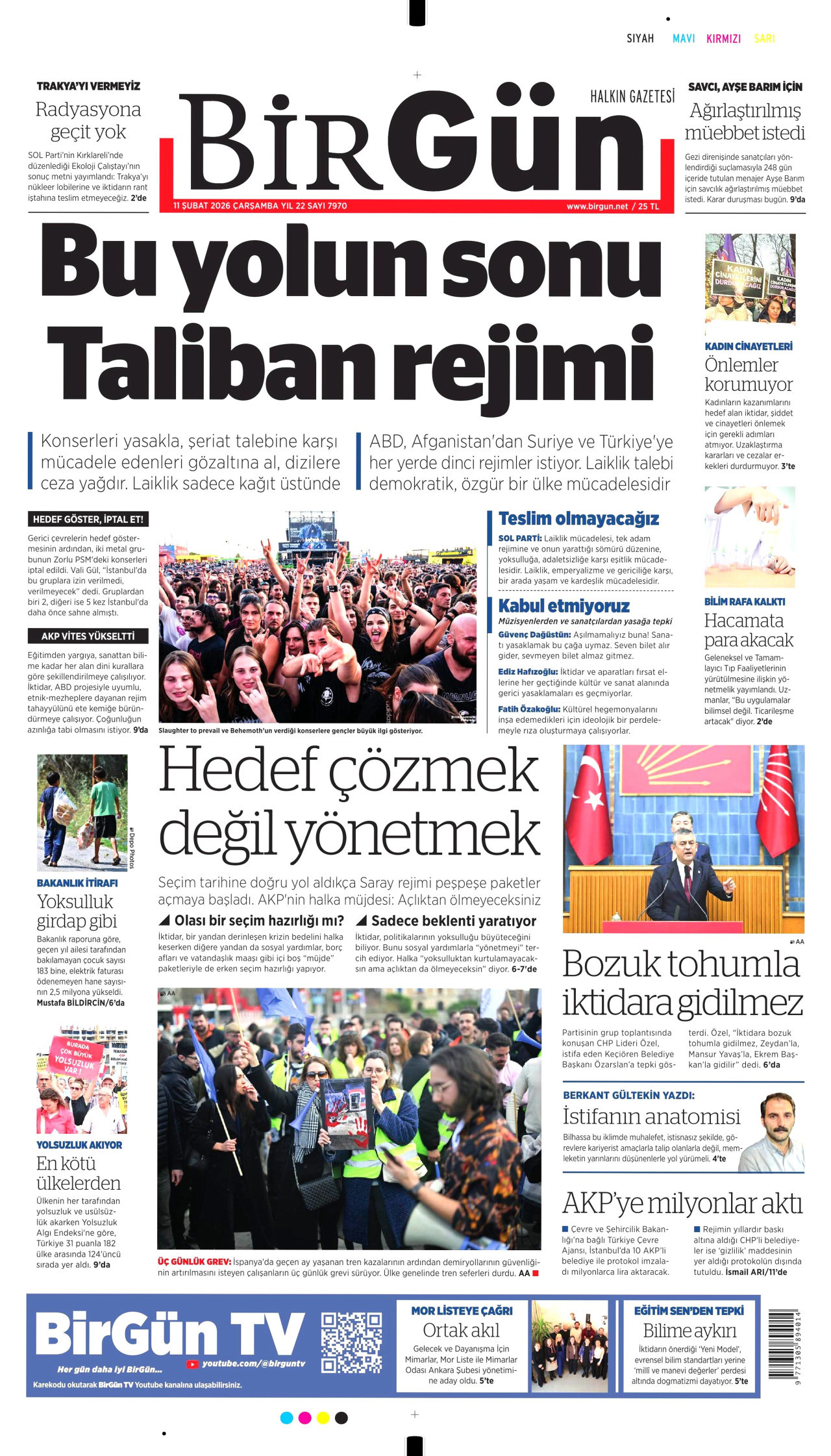 BİRGÜN gazetesinin 11 Şubat 2026 tarihli birinci sayfası