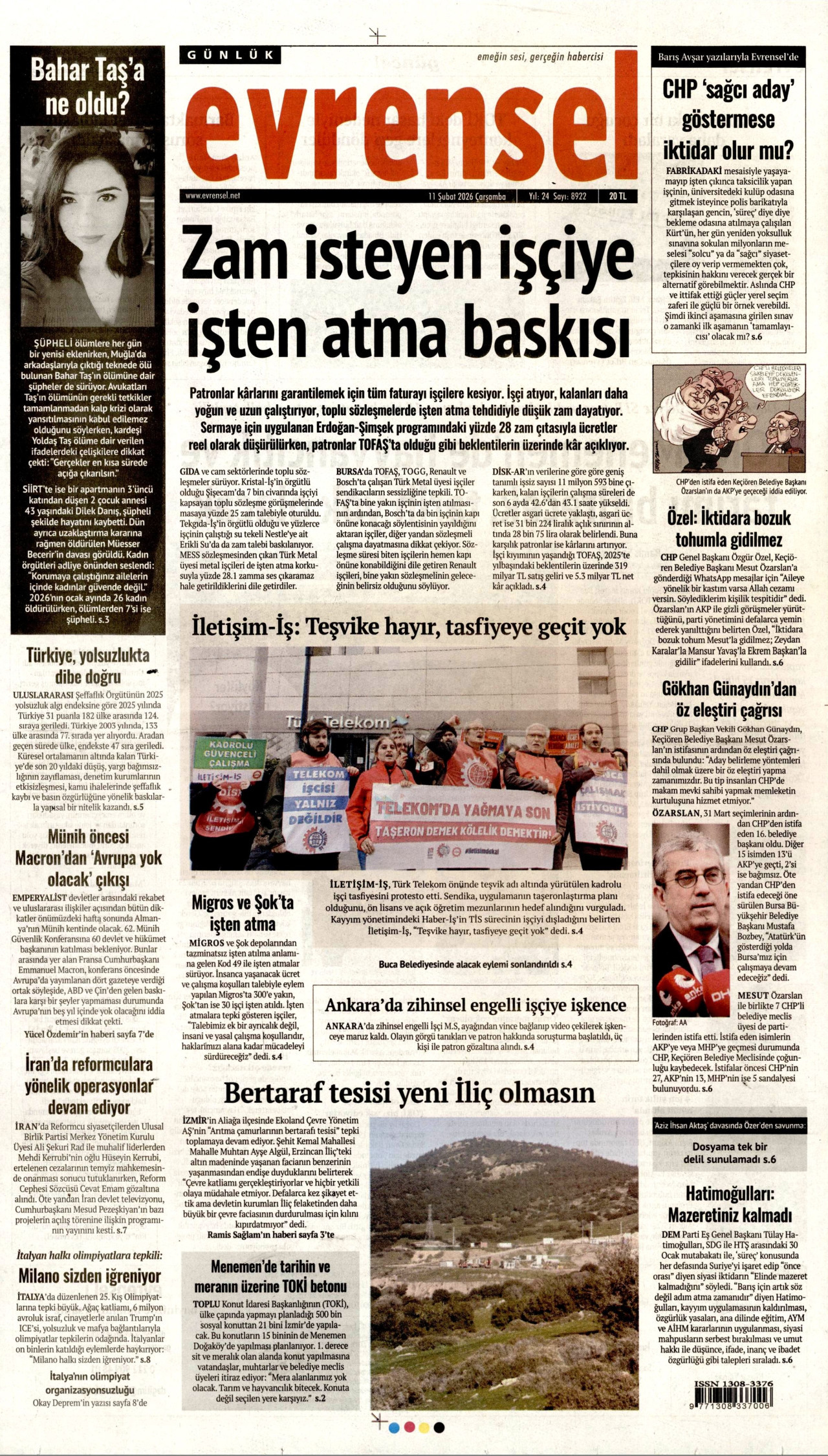 EVRENSEL gazetesinin 11 Şubat 2026 tarihli birinci sayfası