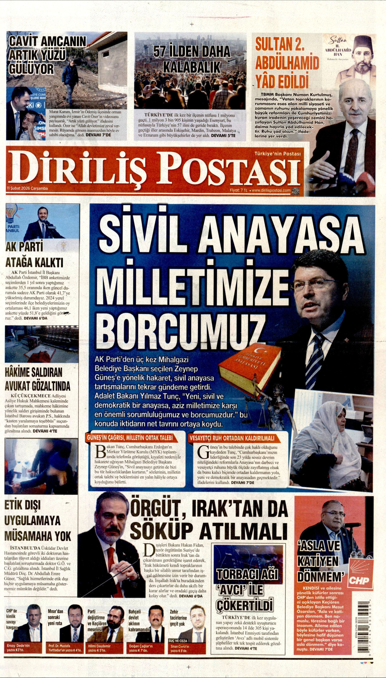 DİRİLİŞ POSTASI gazetesinin 11 Şubat 2026 tarihli birinci sayfası