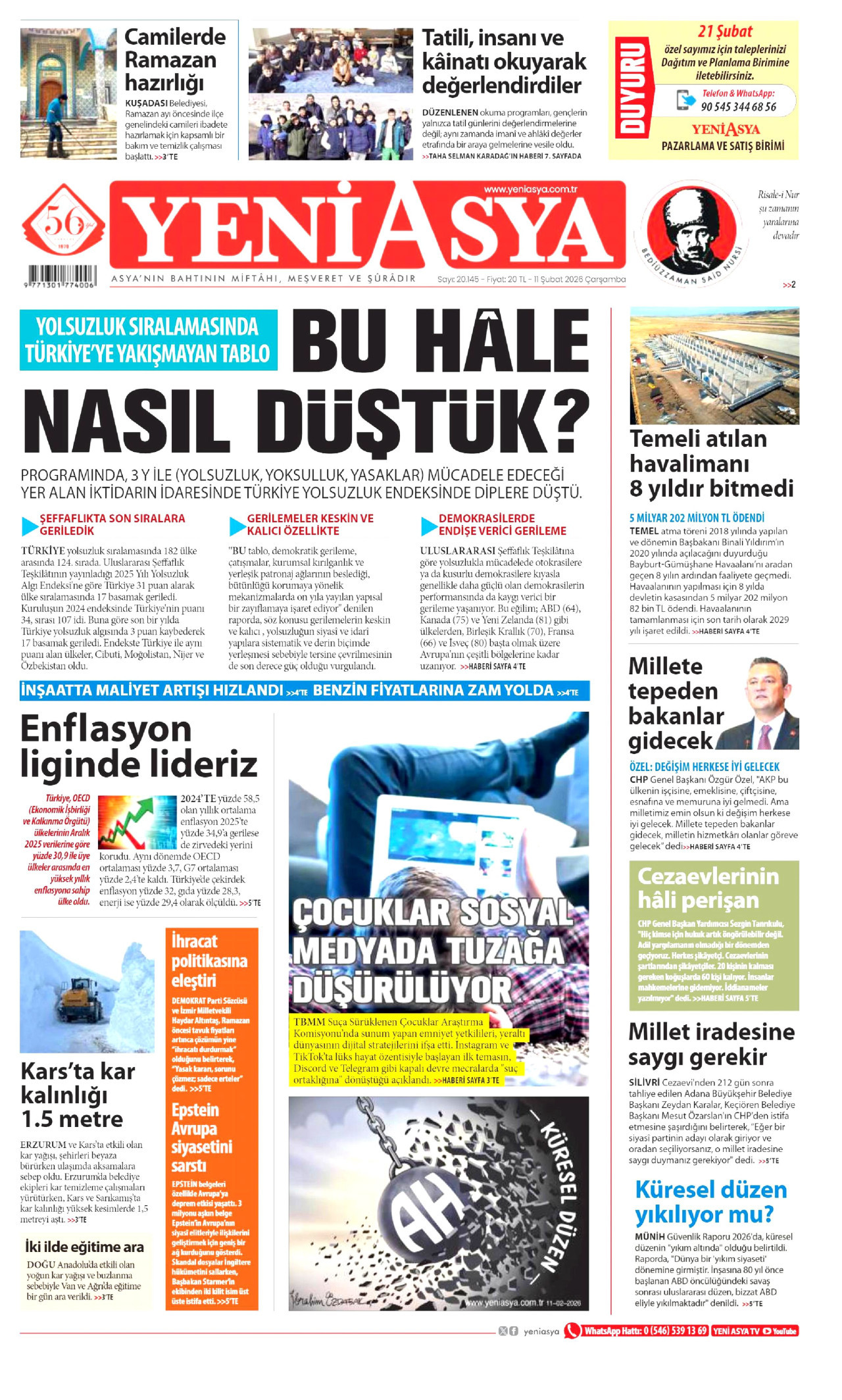 YENİ ASYA gazetesinin 11 Şubat 2026 tarihli birinci sayfası