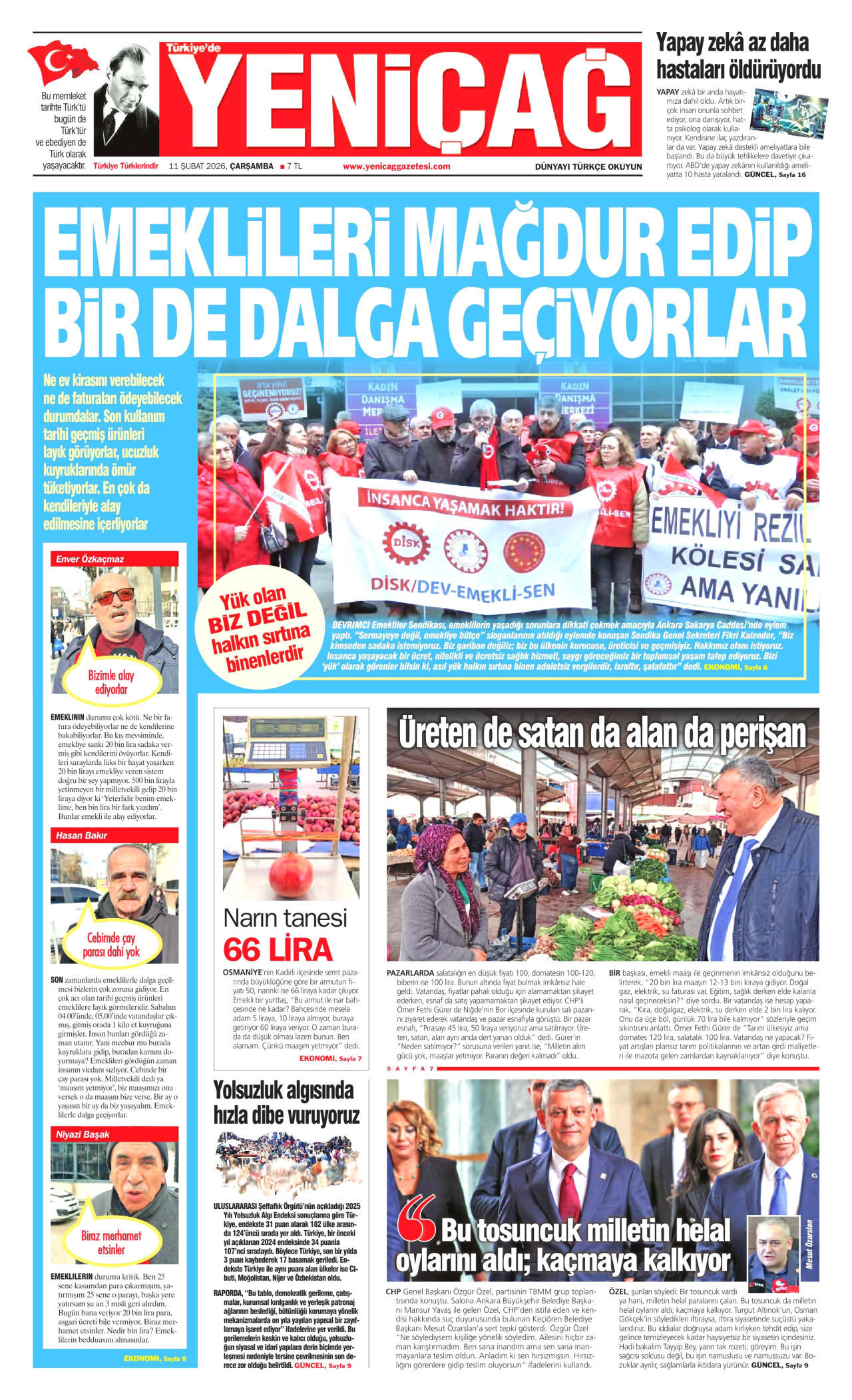 YENİÇAĞ gazetesinin 11 Şubat 2026 tarihli birinci sayfası