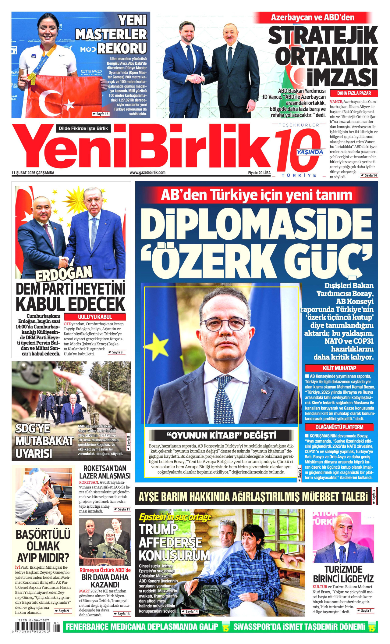 YENİBİRLİK gazetesinin 11 Şubat 2026 tarihli birinci sayfası