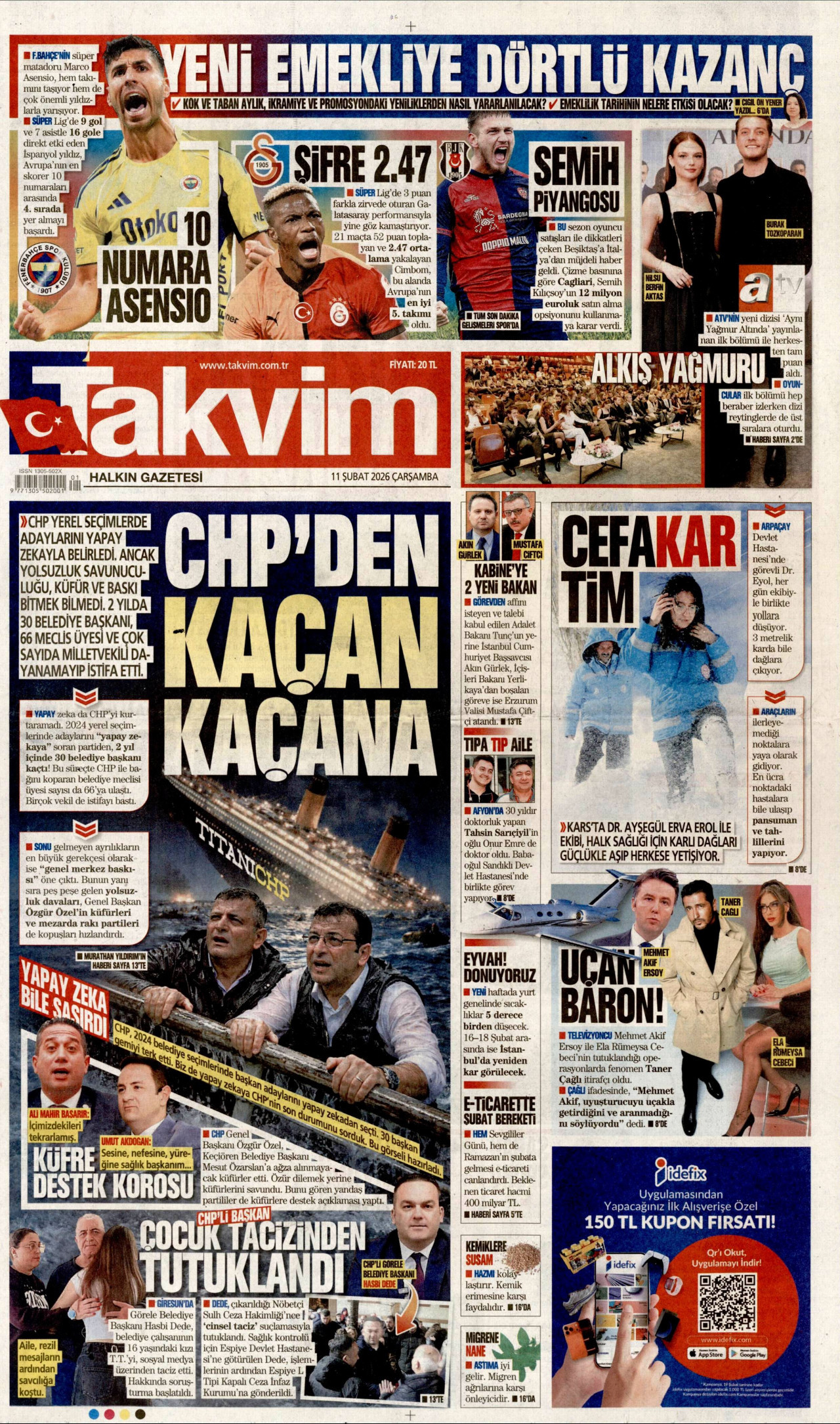 TAKVİM gazetesinin 11 Şubat 2026 tarihli birinci sayfası
