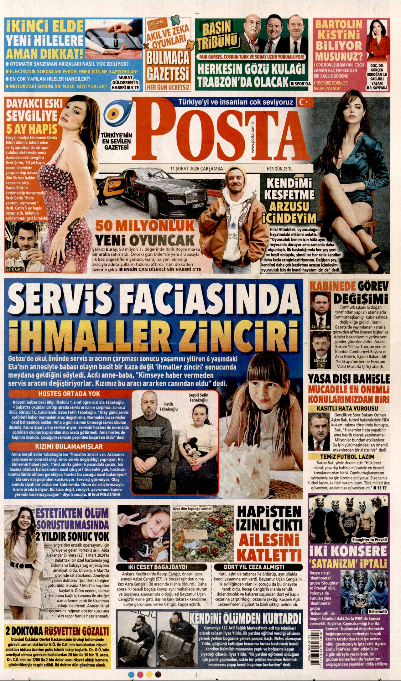 POSTA gazetesinin 11 Şubat 2026 tarihli birinci sayfası