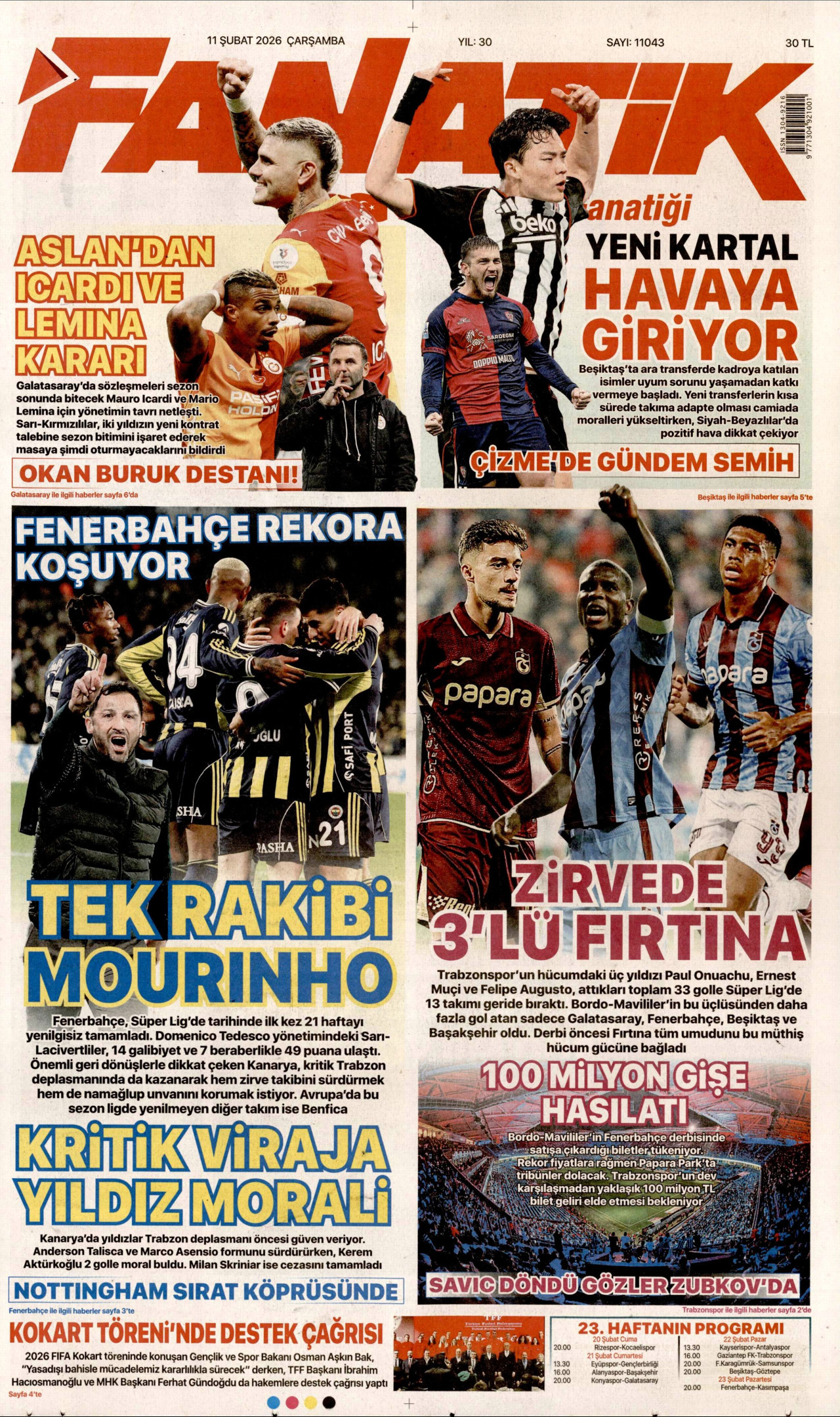 FANATİK gazetesinin 11 Şubat 2026 tarihli birinci sayfası