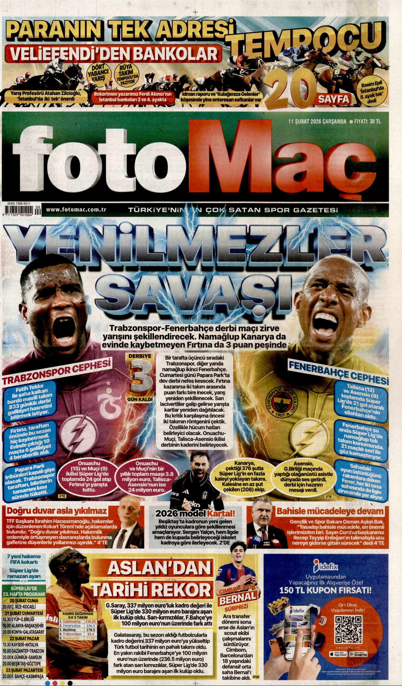 FOTOMAÇ gazetesinin 11 Şubat 2026 tarihli birinci sayfası