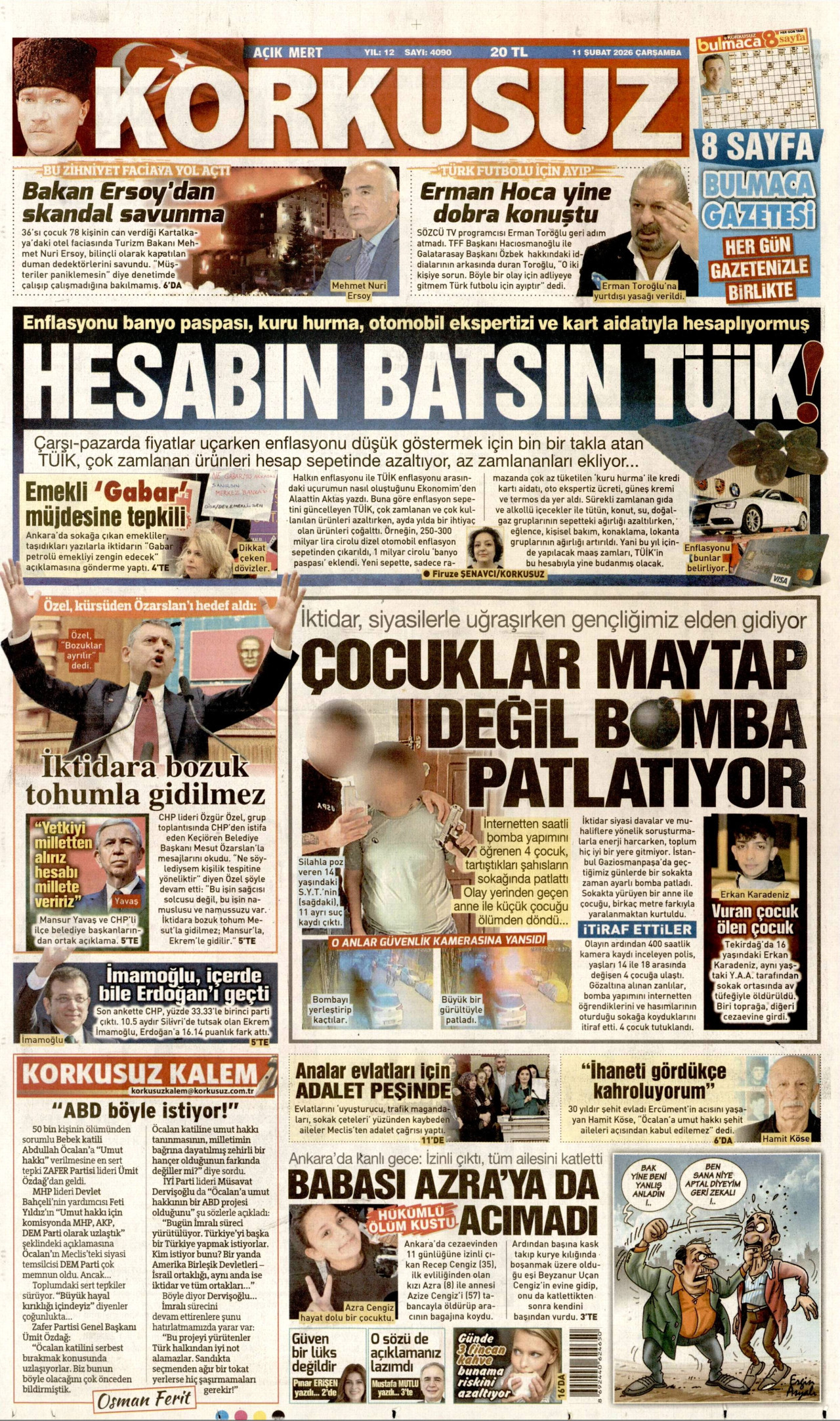 KORKUSUZ gazetesinin 11 Şubat 2026 tarihli birinci sayfası