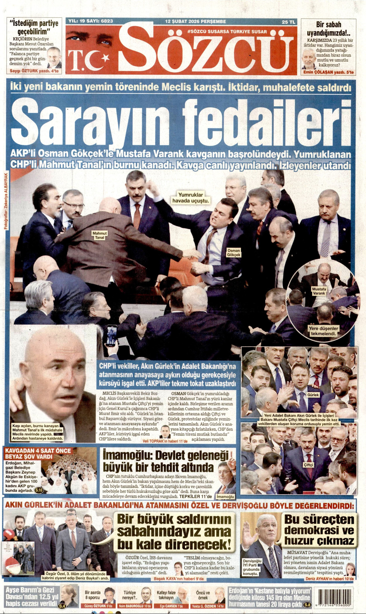 SÖZCÜ gazetesinin 12 Şubat 2026 tarihli birinci sayfası