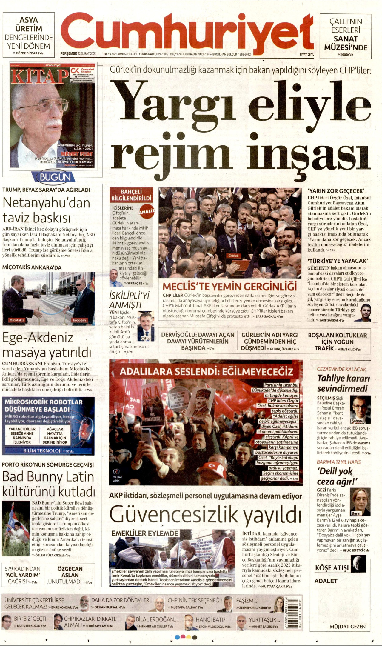 CUMHURİYET gazetesinin 12 Şubat 2026 tarihli birinci sayfası