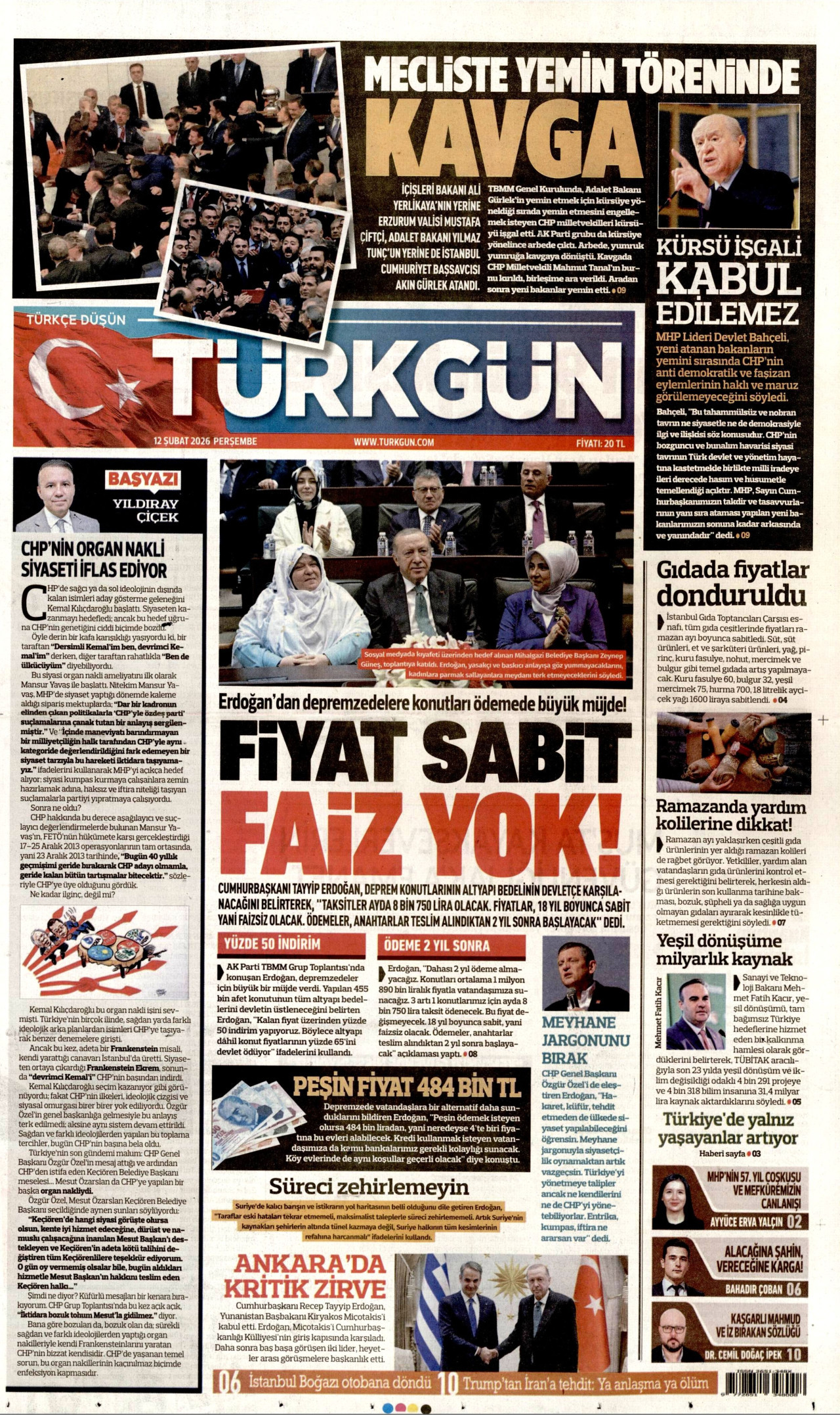 TÜRKGÜN gazetesinin 12 Şubat 2026 tarihli birinci sayfası