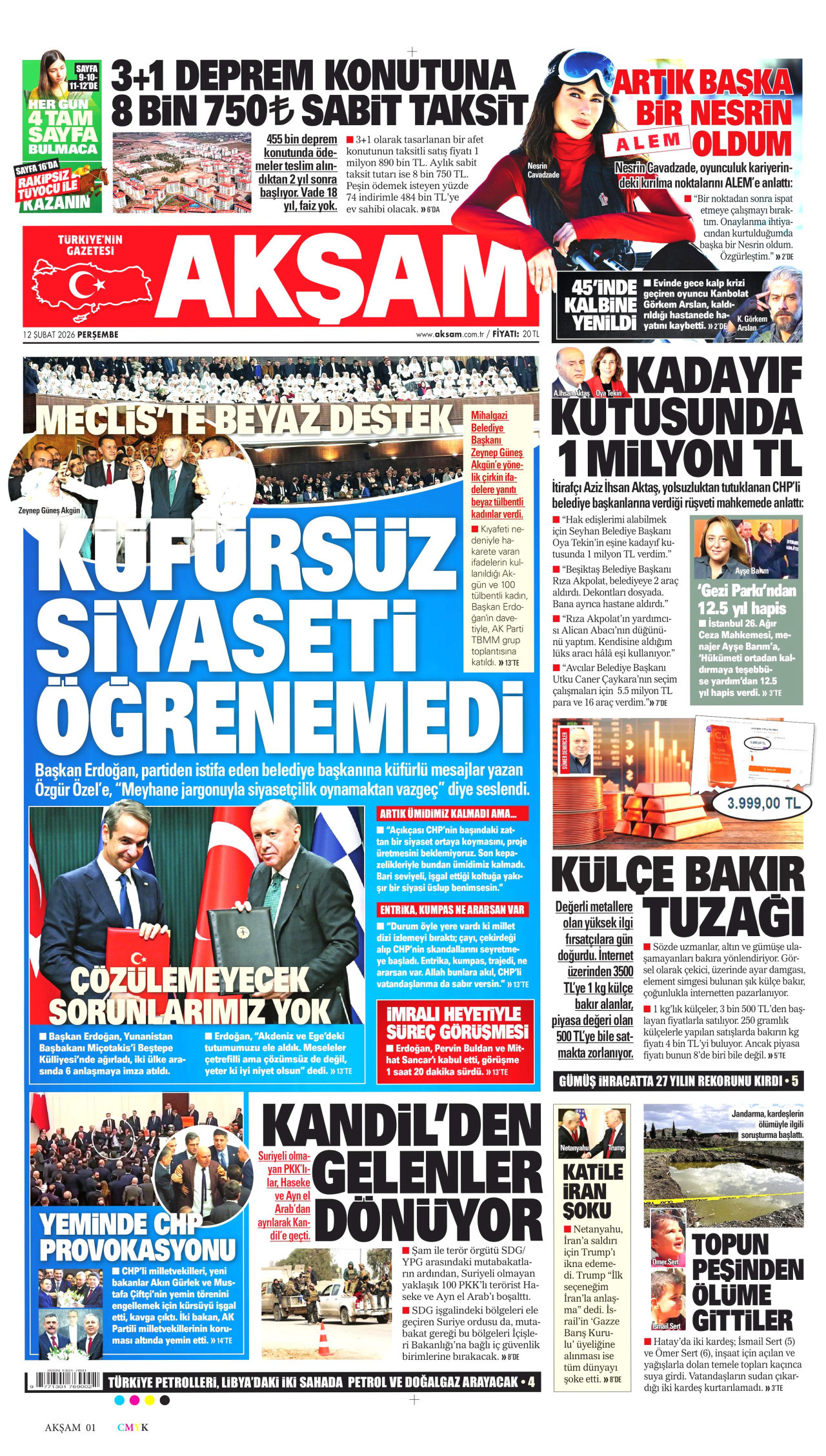 AKŞAM gazetesinin 12 Şubat 2026 tarihli birinci sayfası
