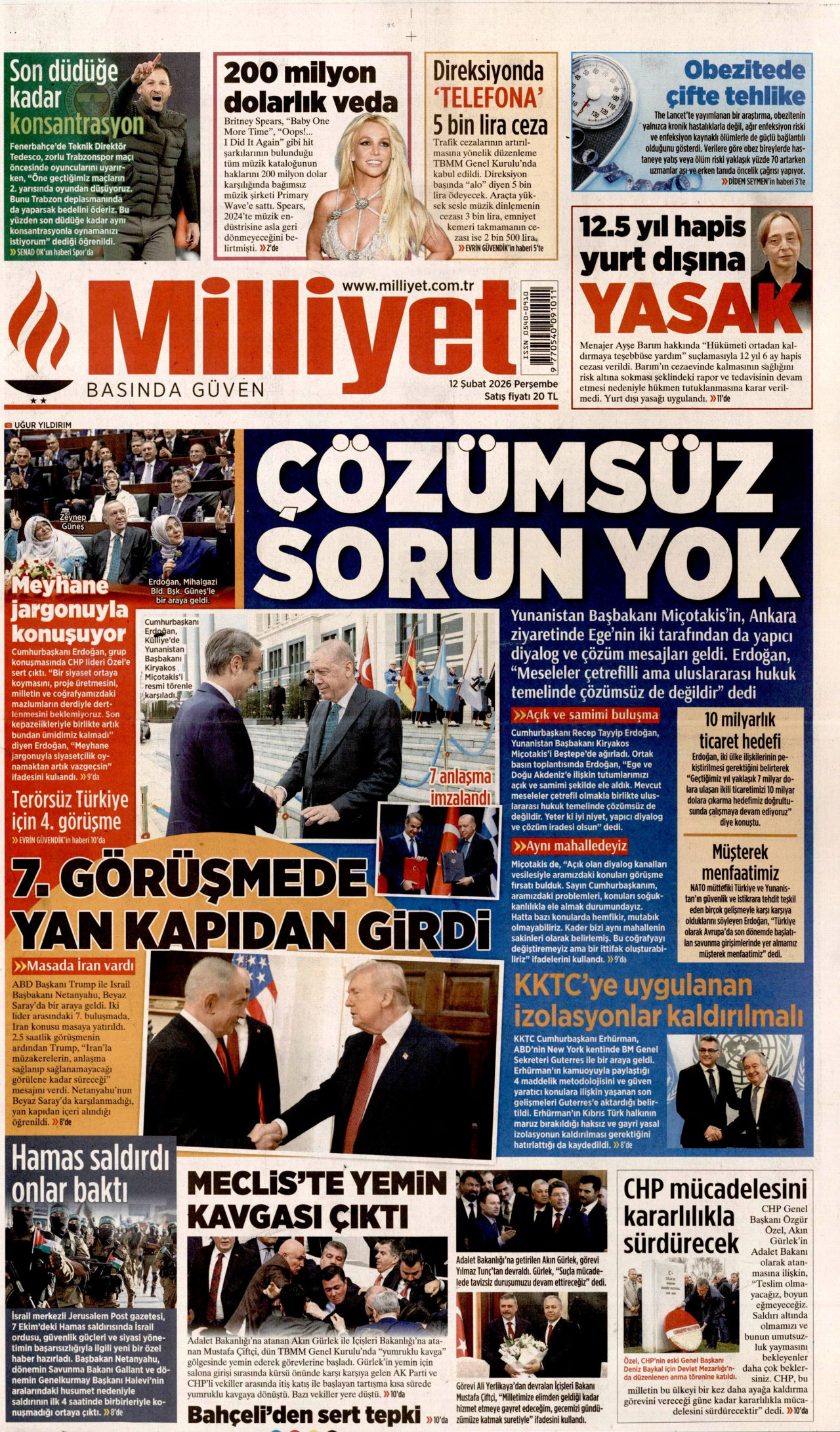 MİLLİYET gazetesinin 12 Şubat 2026 tarihli birinci sayfası