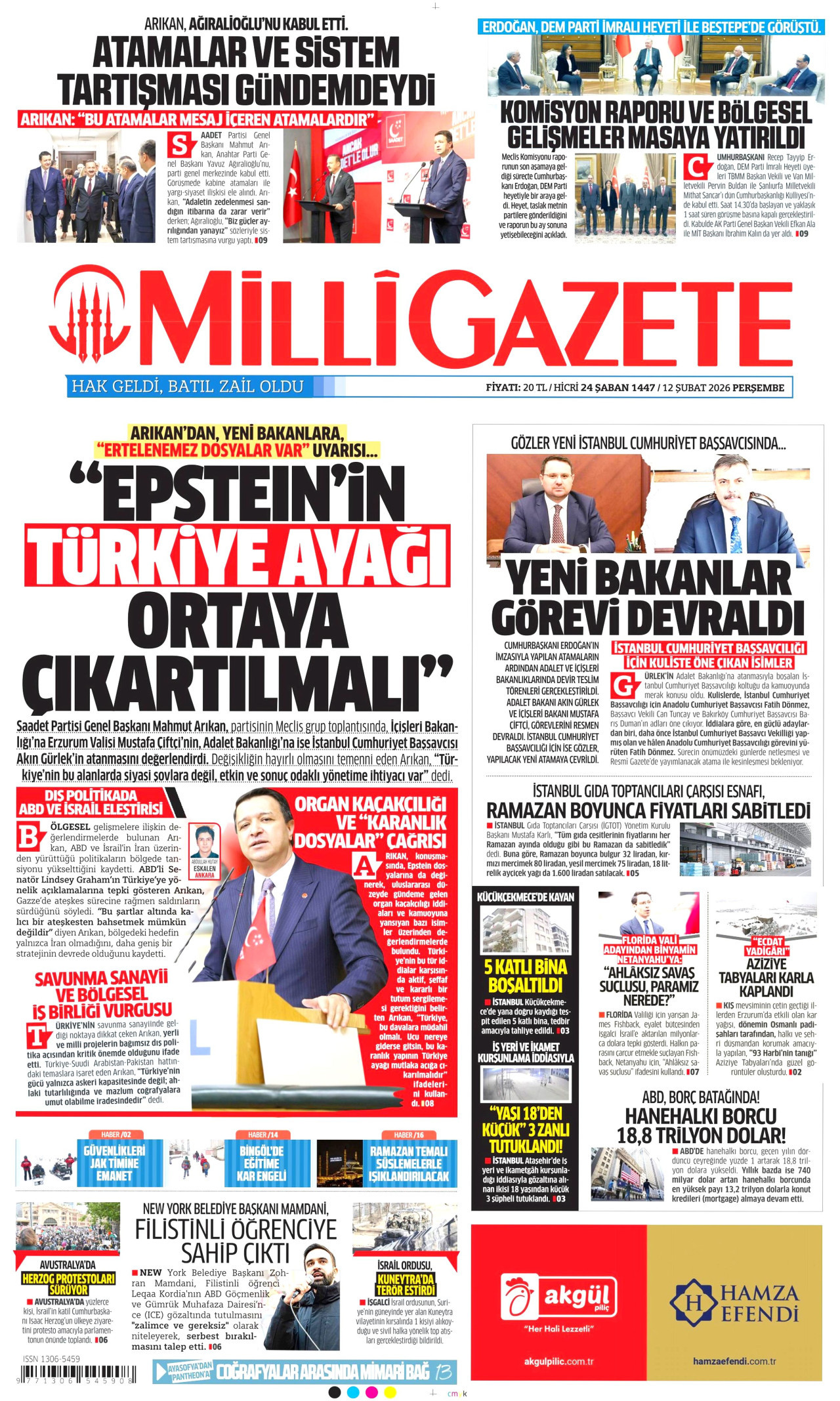 MİLLİ GAZETE gazetesinin 12 Şubat 2026 tarihli birinci sayfası