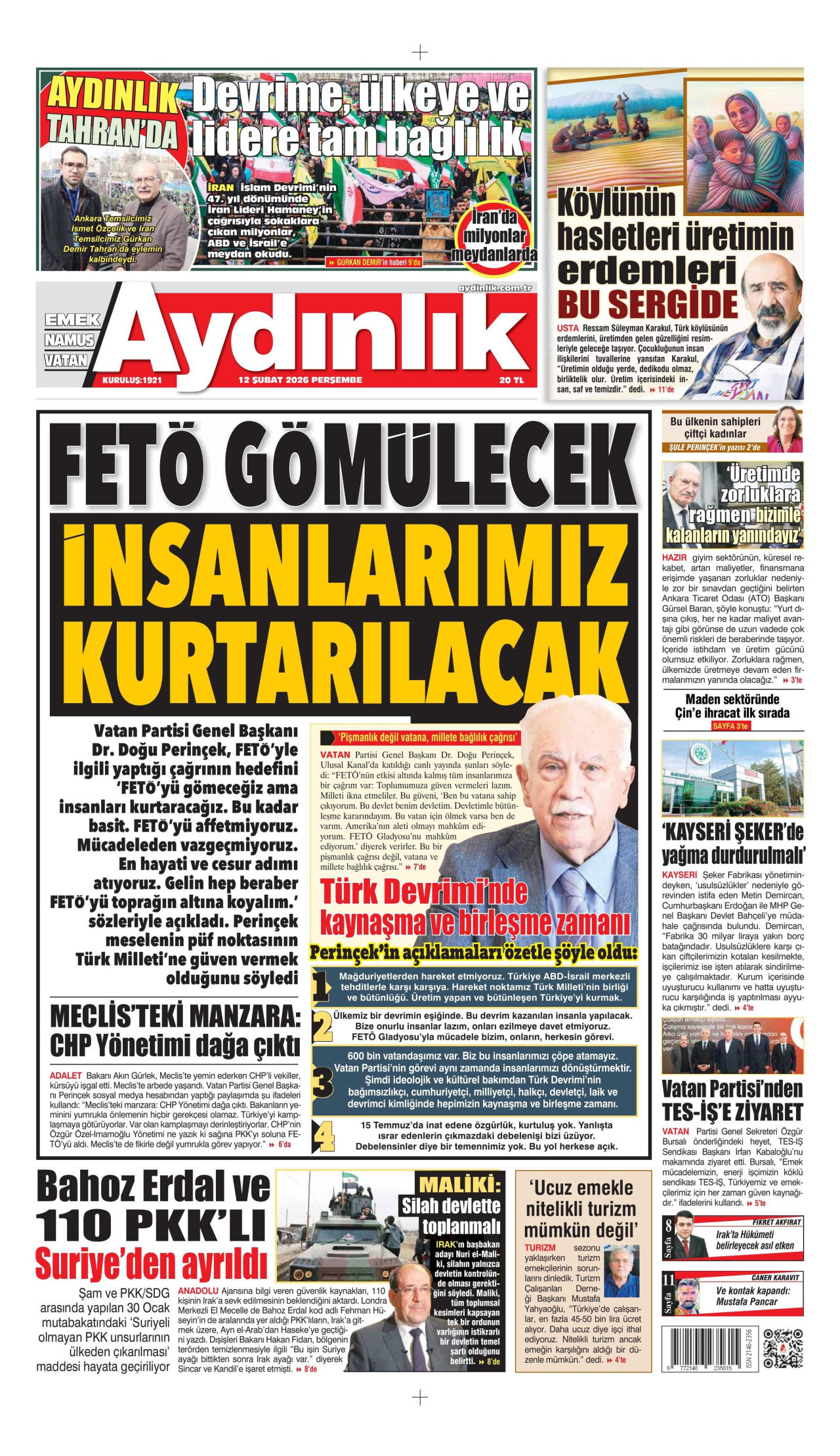 AYDINLIK GAZETESİ gazetesinin 12 Şubat 2026 tarihli birinci sayfası