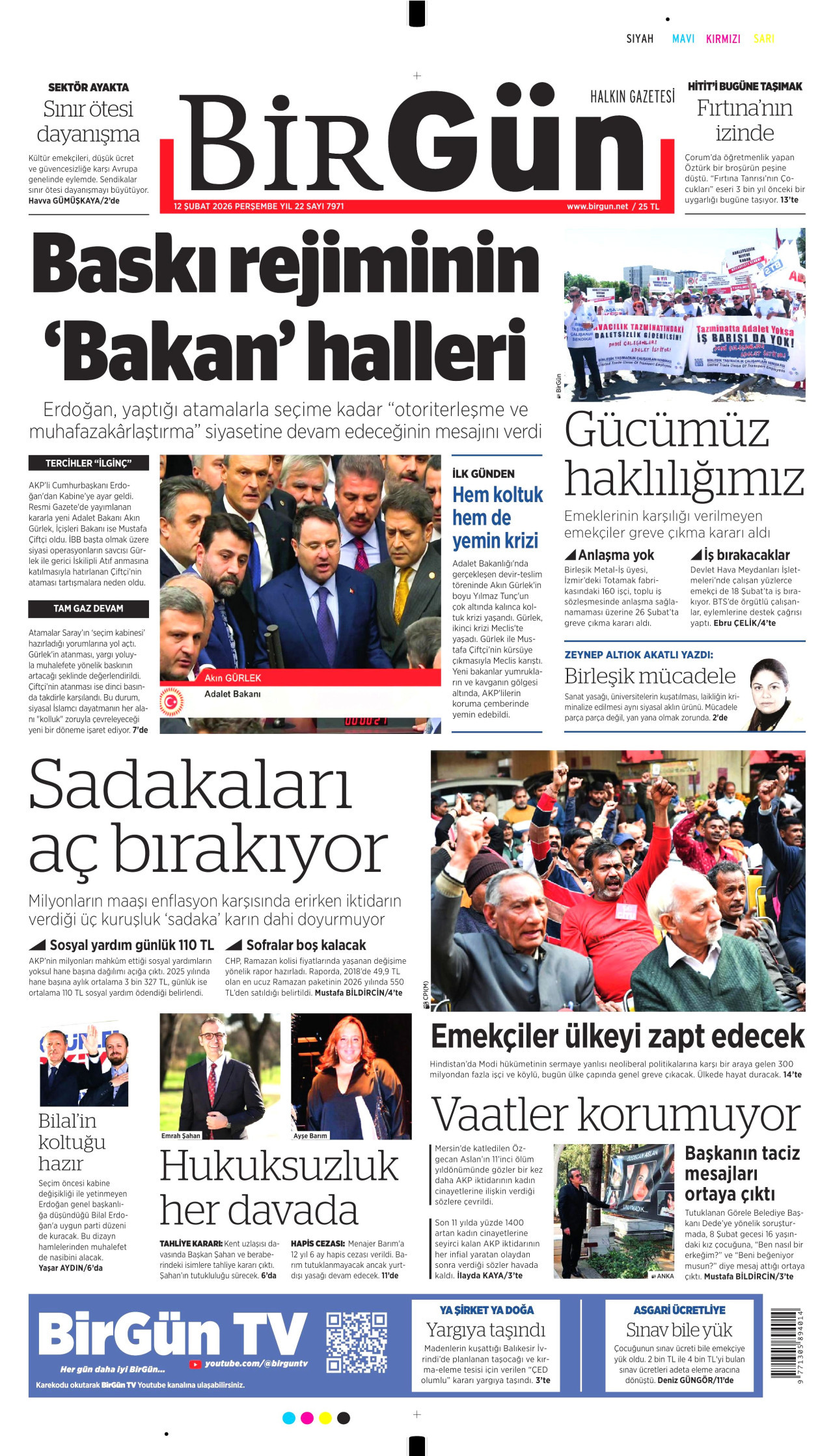 BİRGÜN gazetesinin 12 Şubat 2026 tarihli birinci sayfası