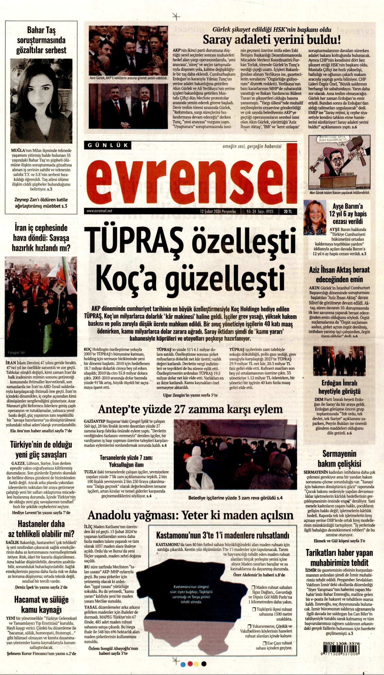 EVRENSEL gazetesinin 12 Şubat 2026 tarihli birinci sayfası