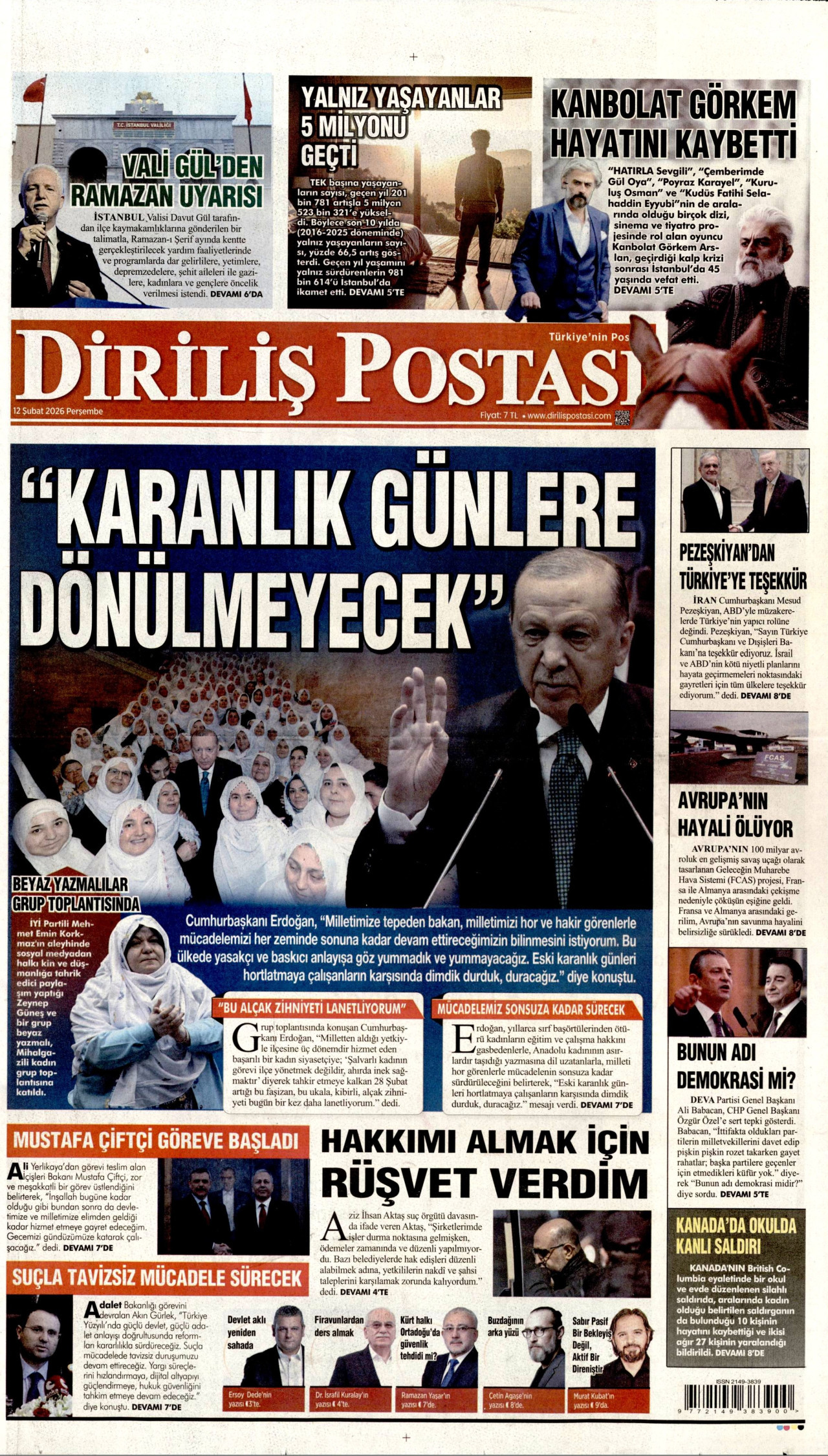 DİRİLİŞ POSTASI gazetesinin 12 Şubat 2026 tarihli birinci sayfası