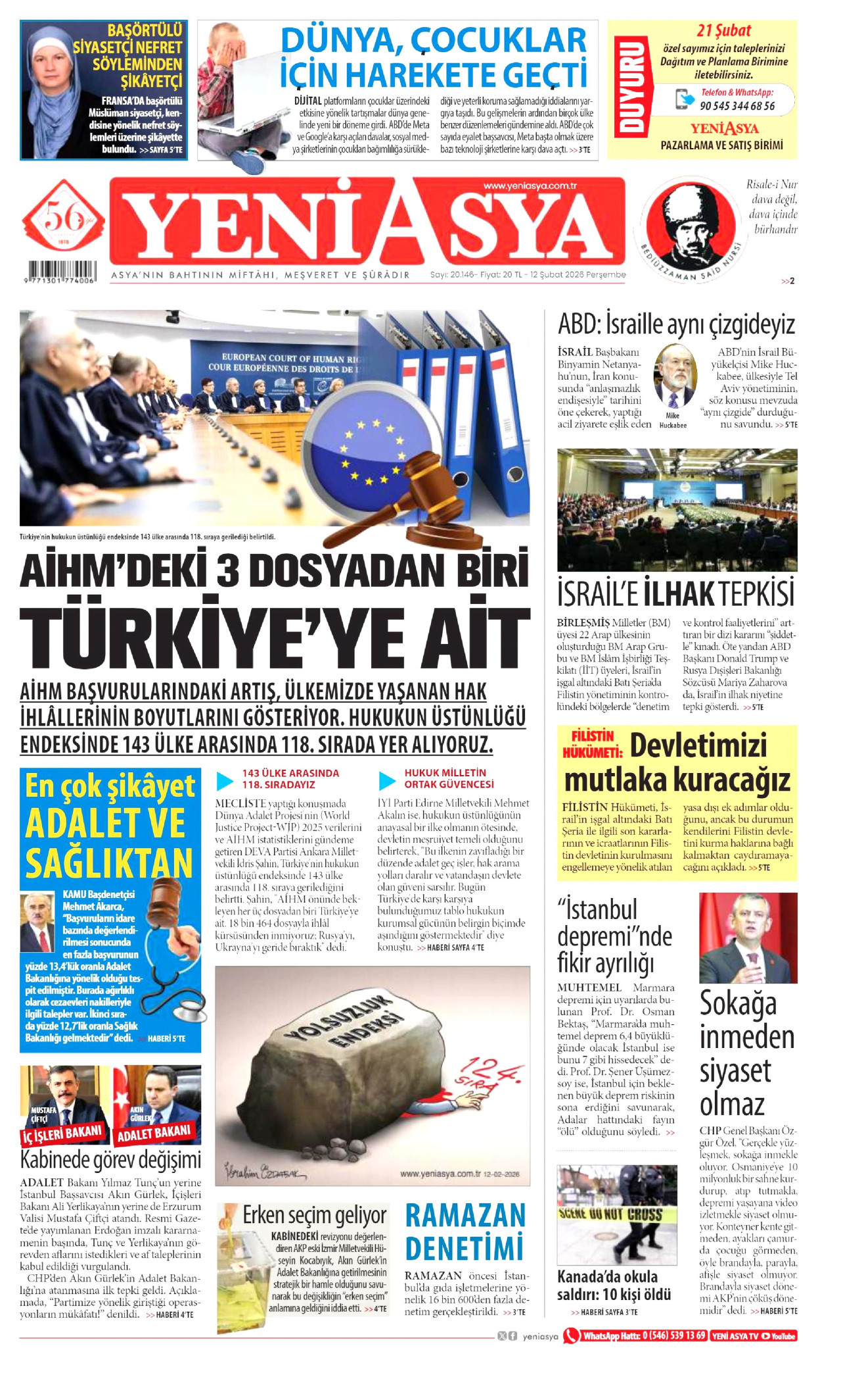 YENİ ASYA gazetesinin 12 Şubat 2026 tarihli birinci sayfası