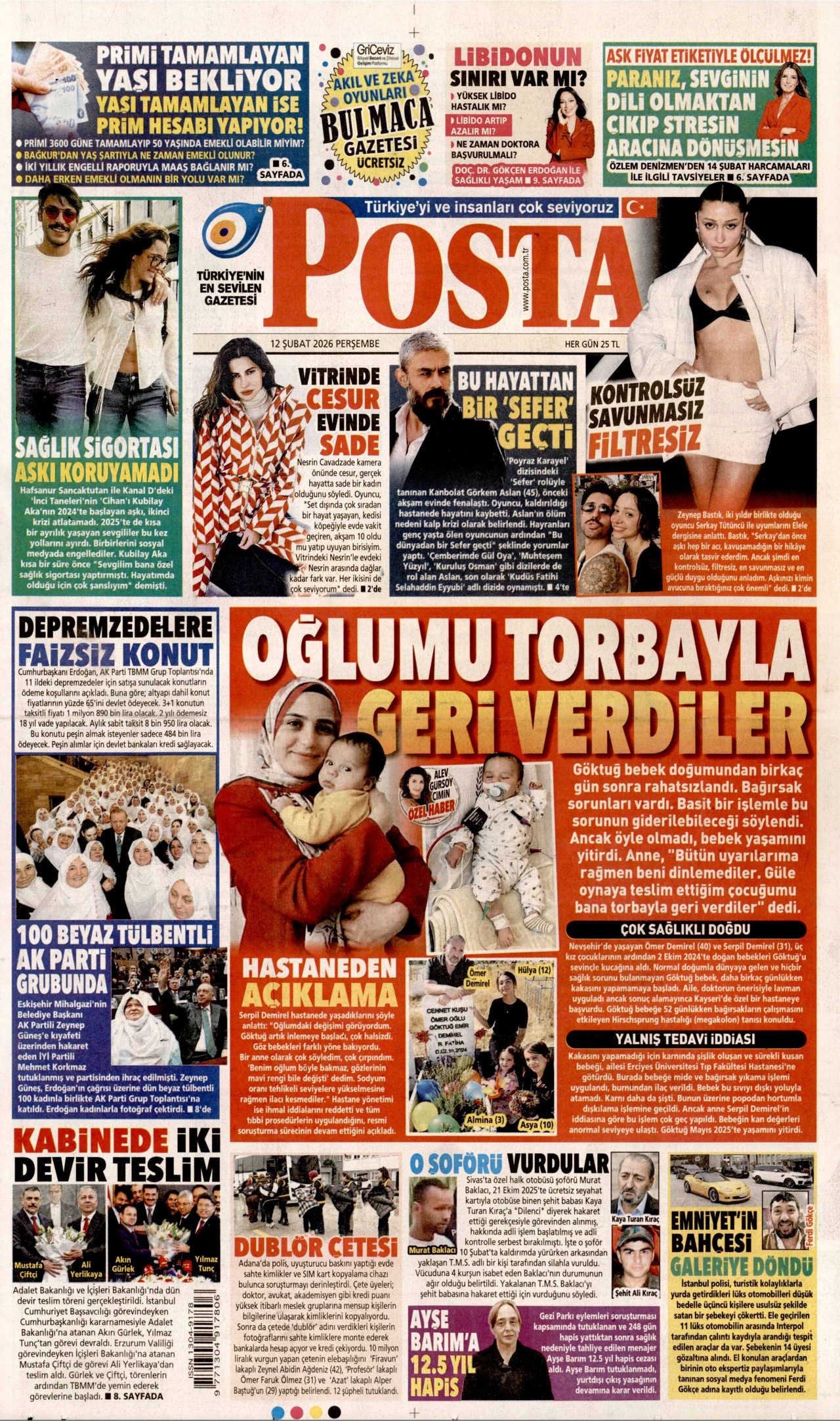 POSTA gazetesinin 12 Şubat 2026 tarihli birinci sayfası