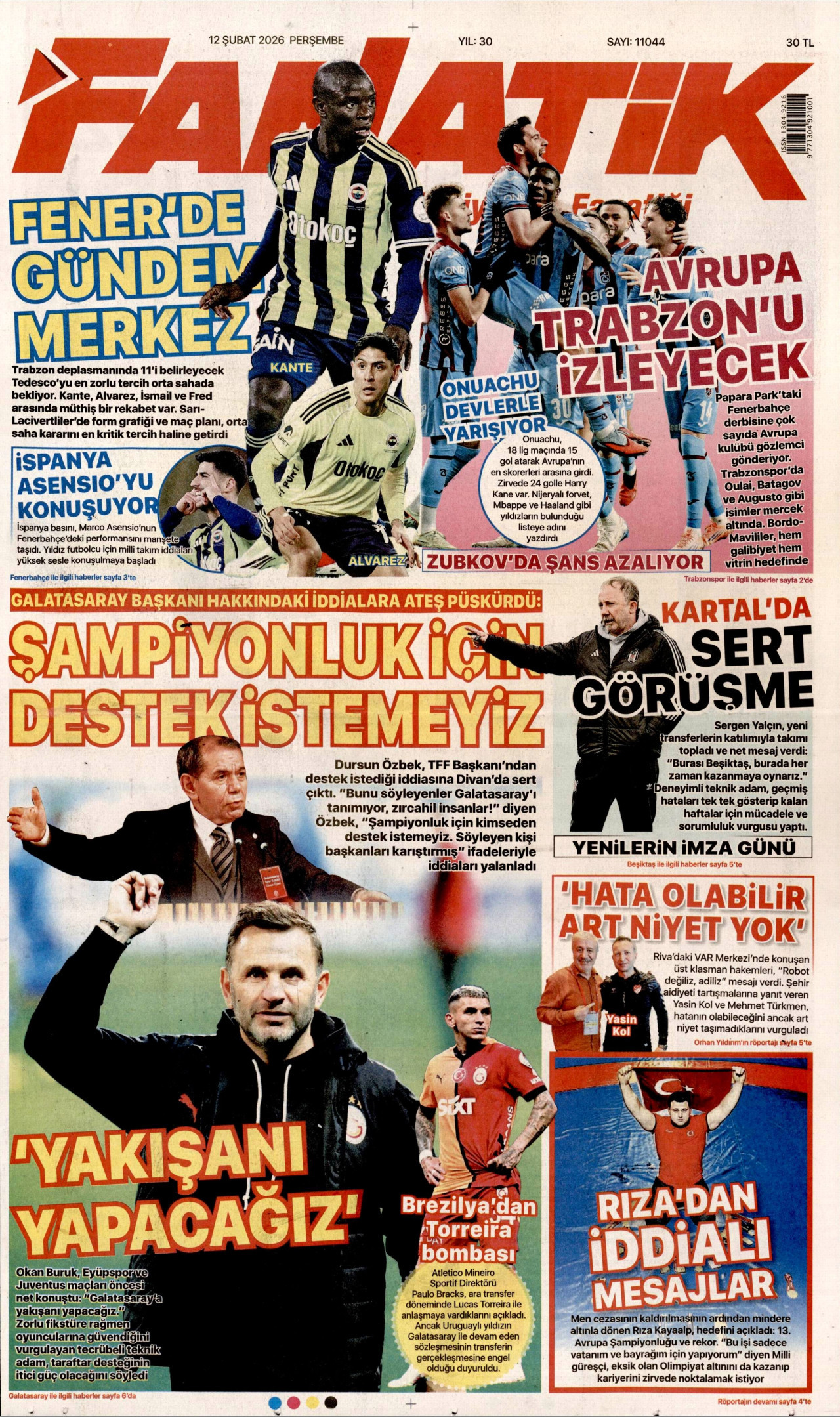 FANATİK gazetesinin 12 Şubat 2026 tarihli birinci sayfası
