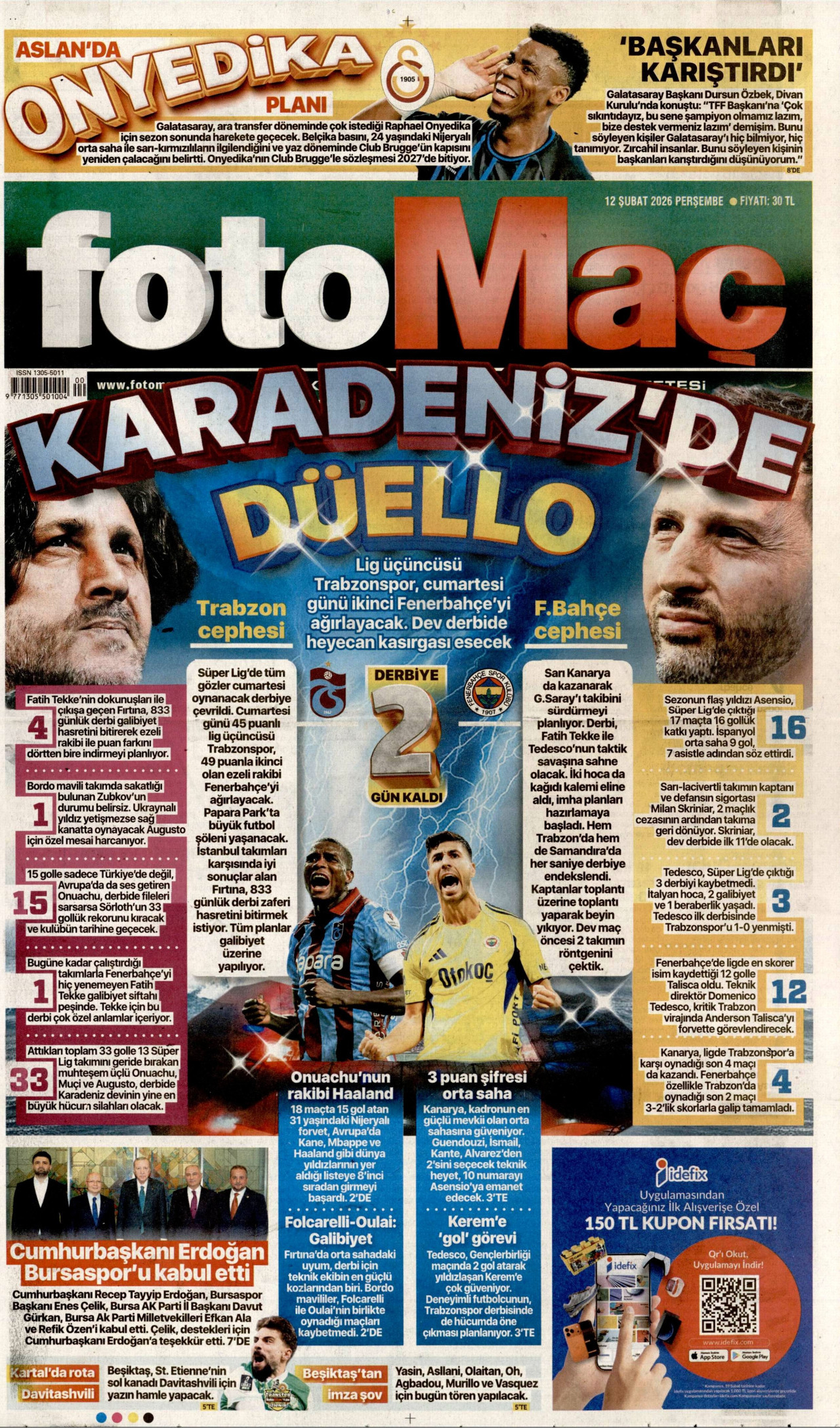 FOTOMAÇ gazetesinin 12 Şubat 2026 tarihli birinci sayfası