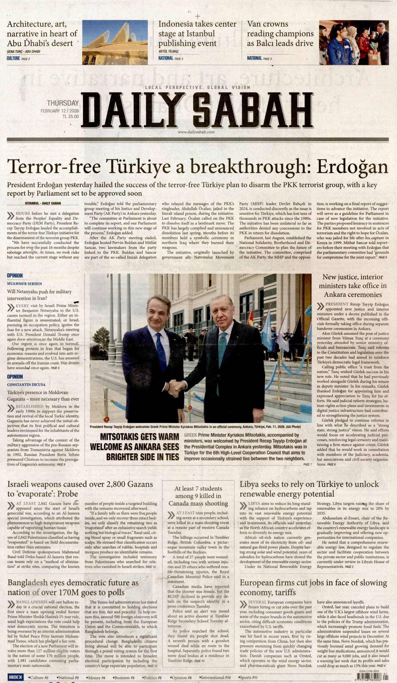 DAİLY SABAH gazetesinin 12 Şubat 2026 tarihli birinci sayfası