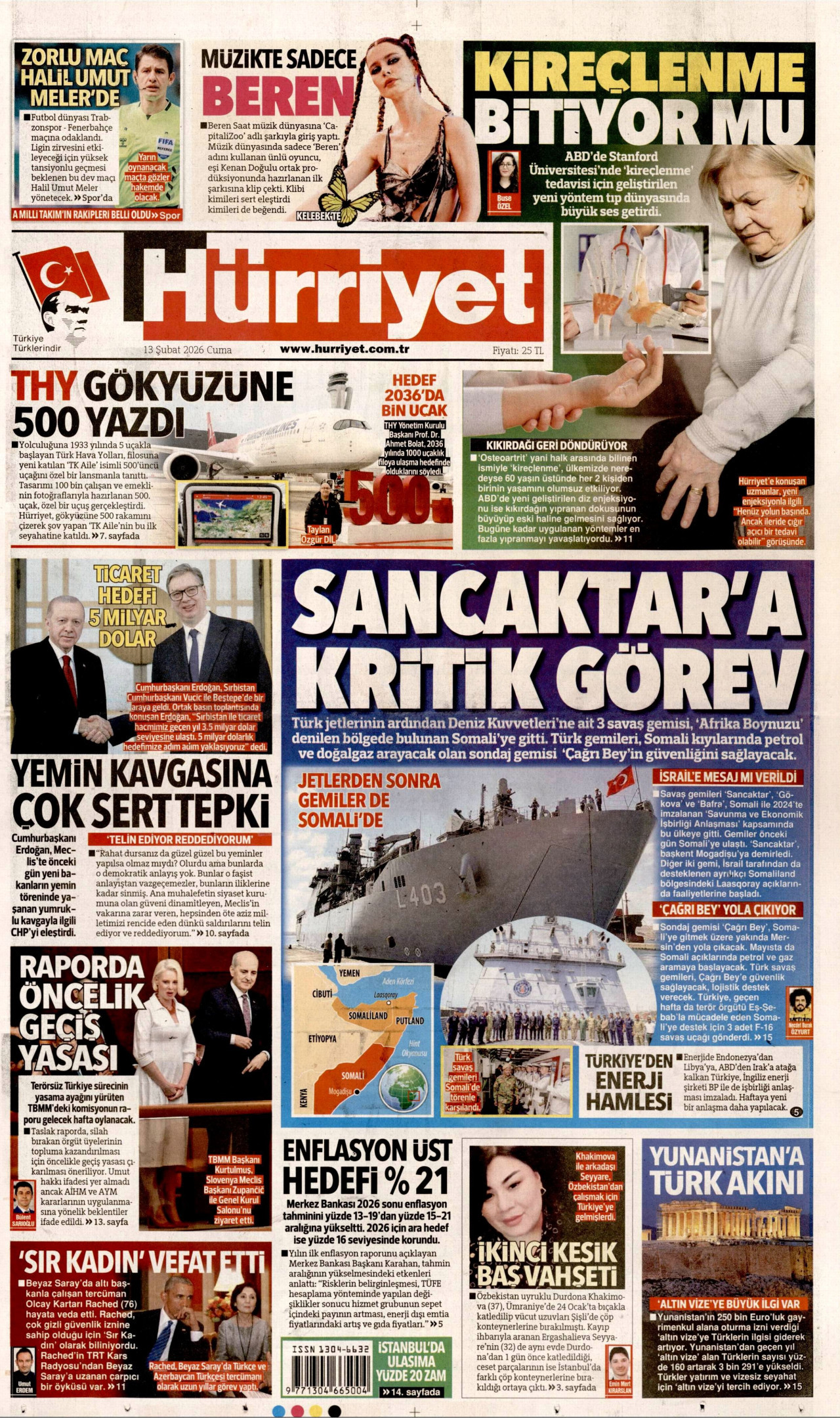 HÜRRİYET gazetesinin 13 Şubat 2026 tarihli birinci sayfası