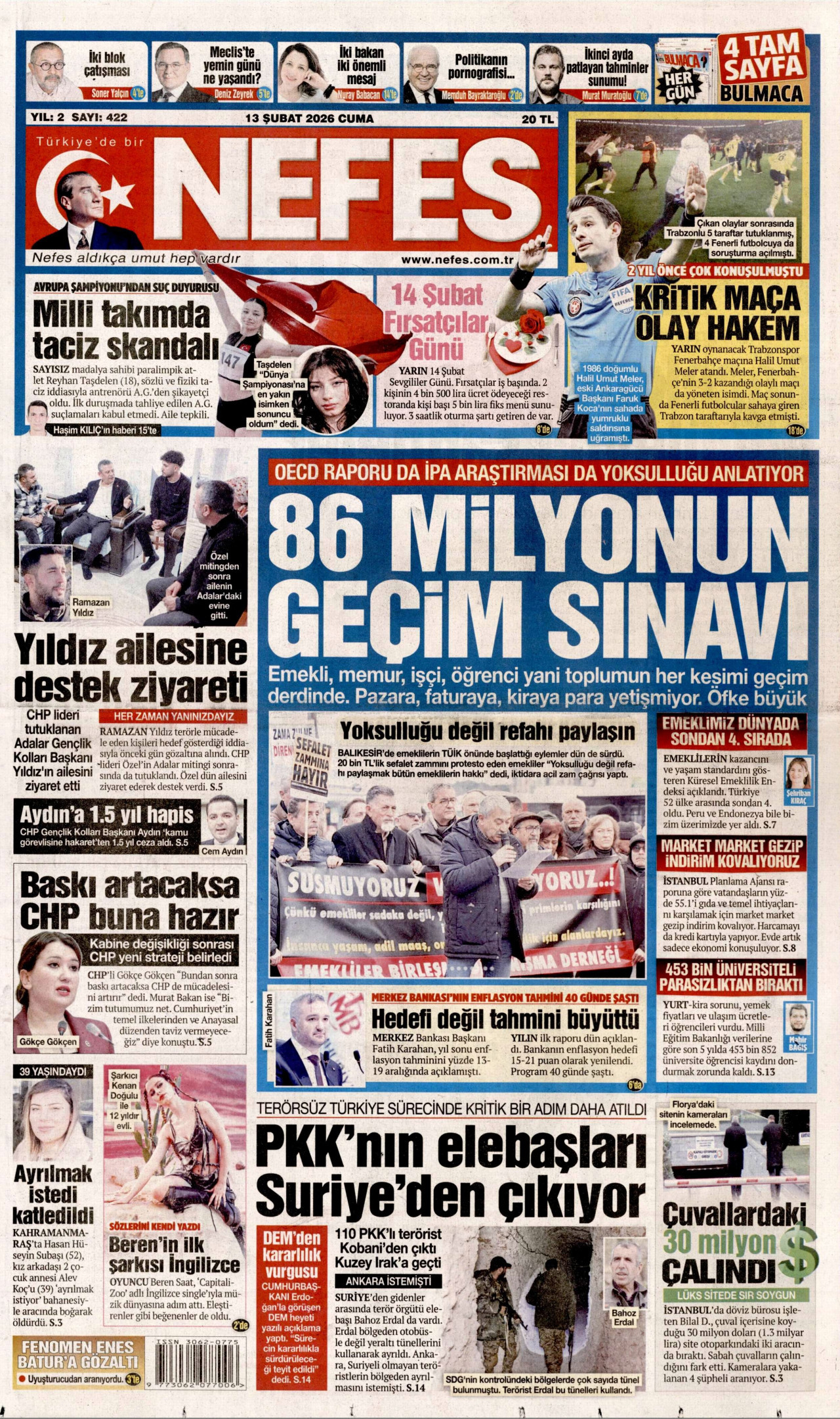 NEFES gazetesinin 13 Şubat 2026 tarihli birinci sayfası