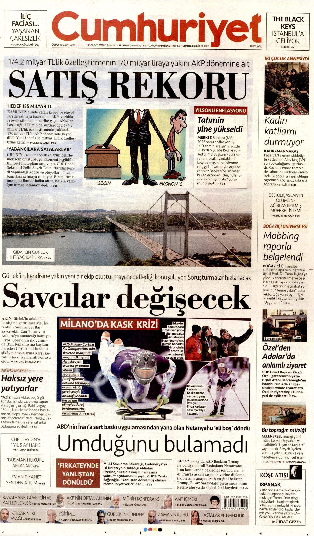 CUMHURİYET gazetesinin 13 Şubat 2026 tarihli birinci sayfası