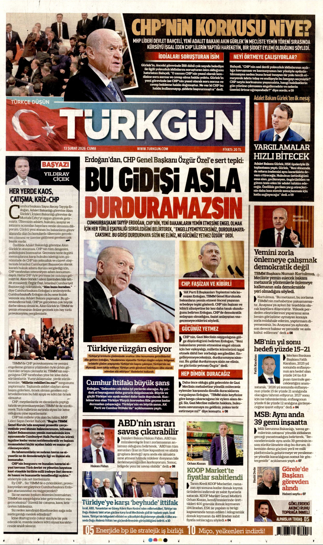 TÜRKGÜN gazetesinin 13 Şubat 2026 tarihli birinci sayfası