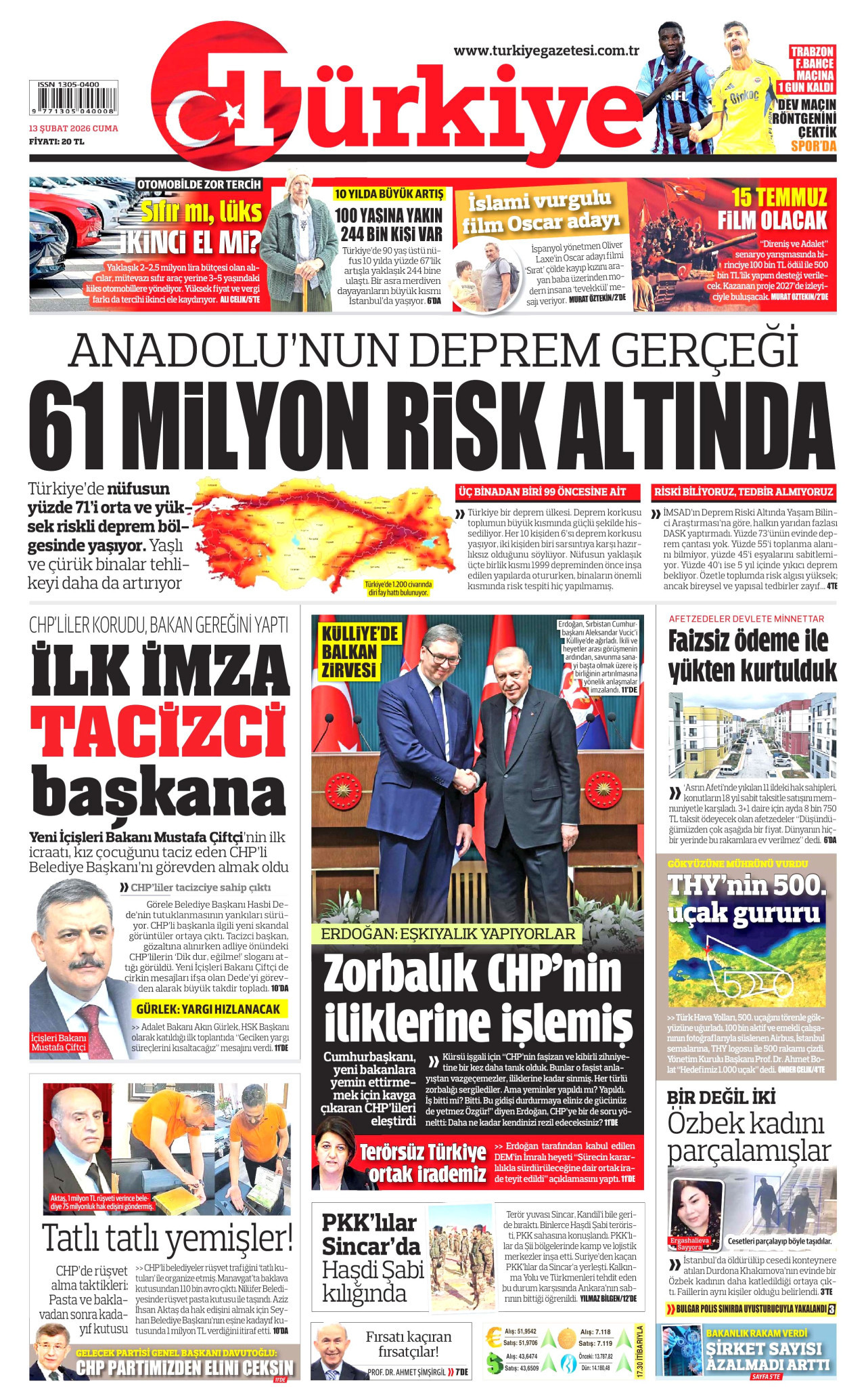 TÜRKİYE GAZETESİ gazetesinin 13 Şubat 2026 tarihli birinci sayfası