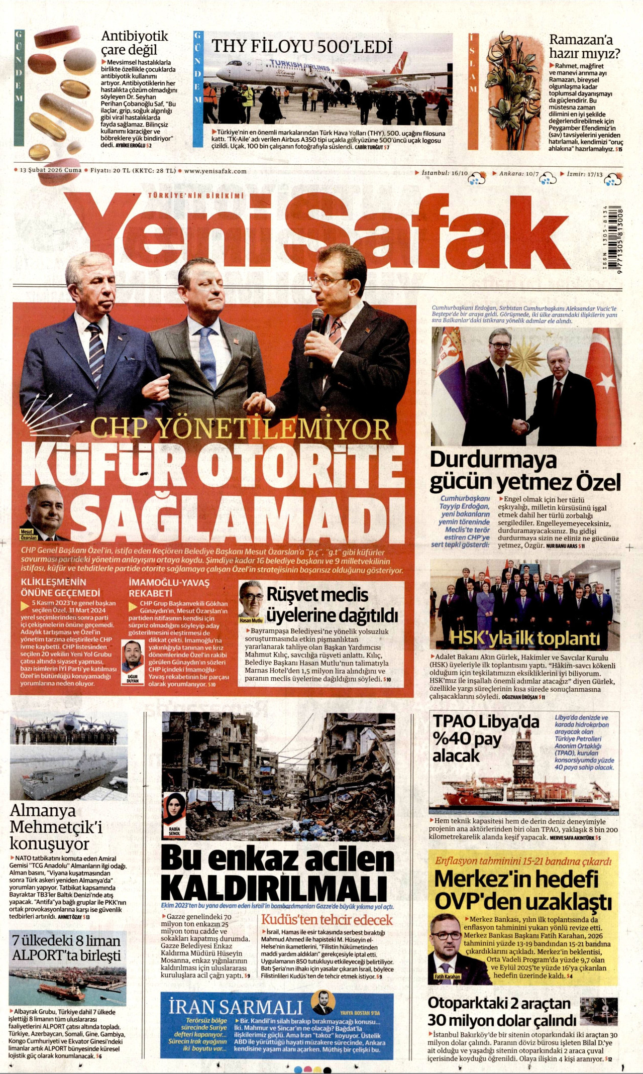 YENİ ŞAFAK gazetesinin 13 Şubat 2026 tarihli birinci sayfası