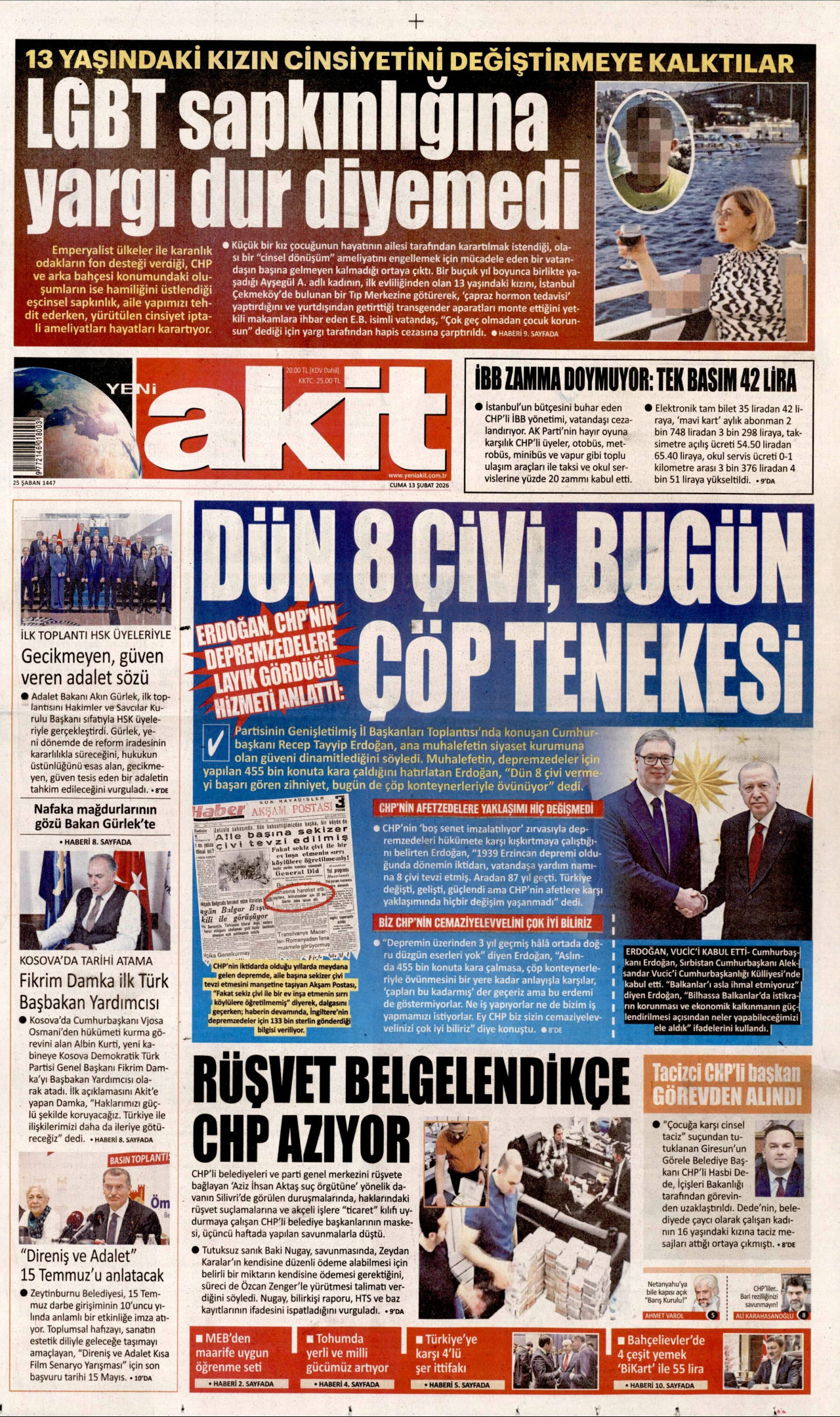 YENİ AKİT gazetesinin 13 Şubat 2026 tarihli birinci sayfası