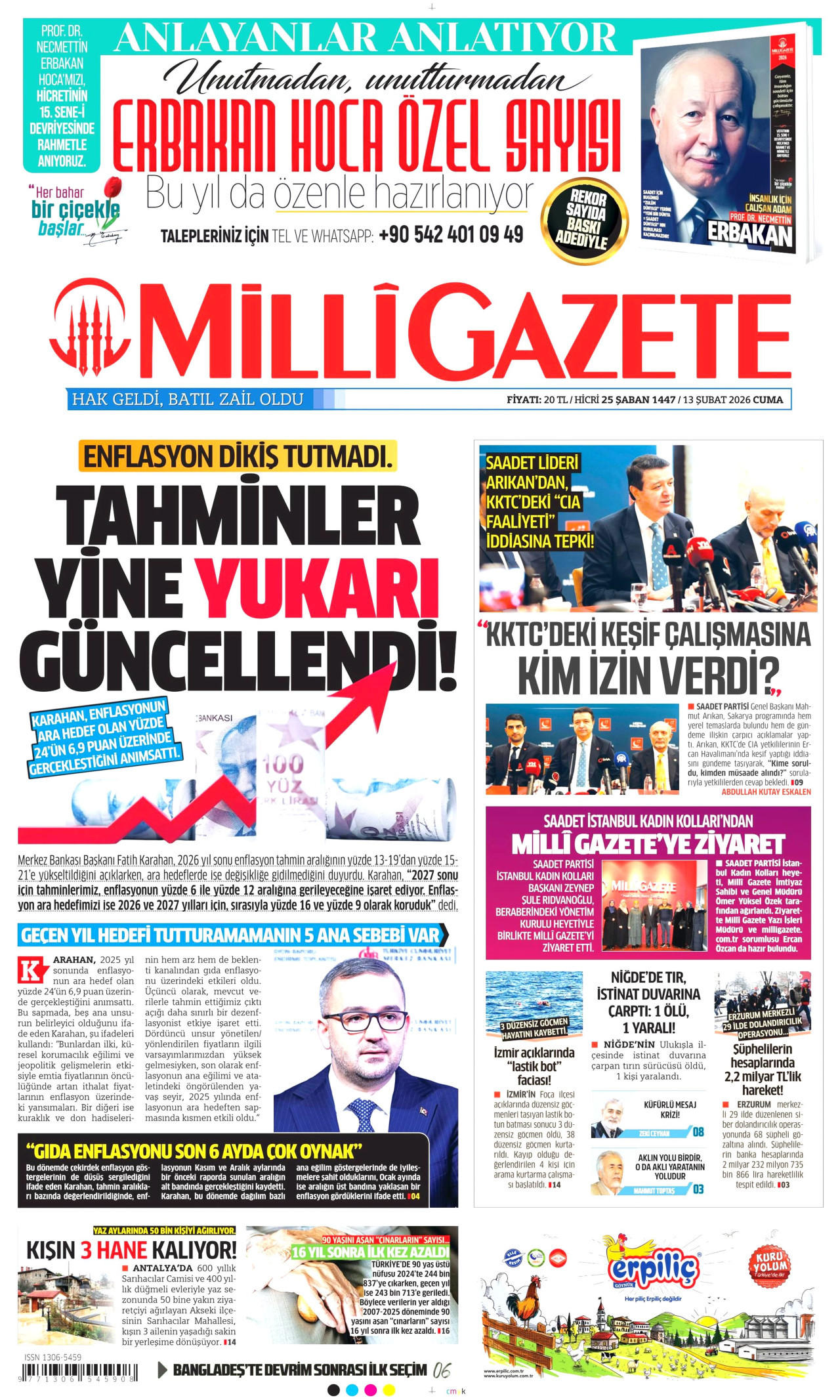 MİLLİ GAZETE gazetesinin 13 Şubat 2026 tarihli birinci sayfası