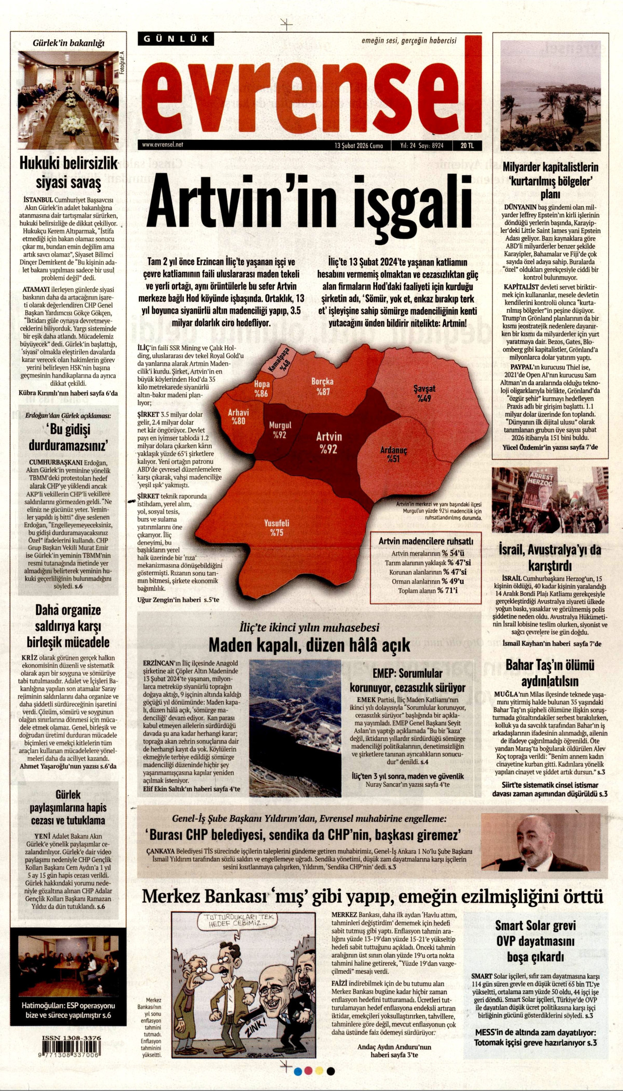 EVRENSEL gazetesinin 13 Şubat 2026 tarihli birinci sayfası