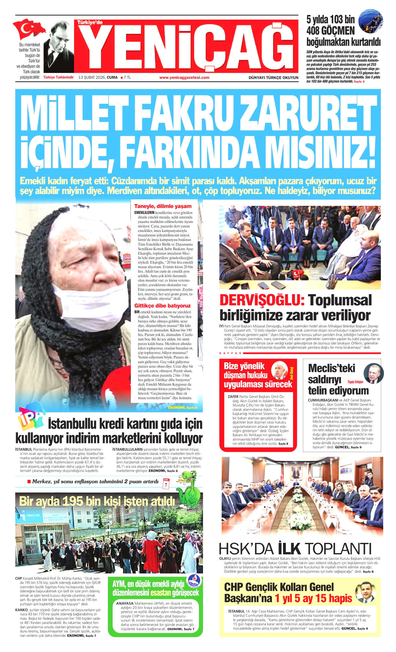 YENİÇAĞ gazetesinin 13 Şubat 2026 tarihli birinci sayfası