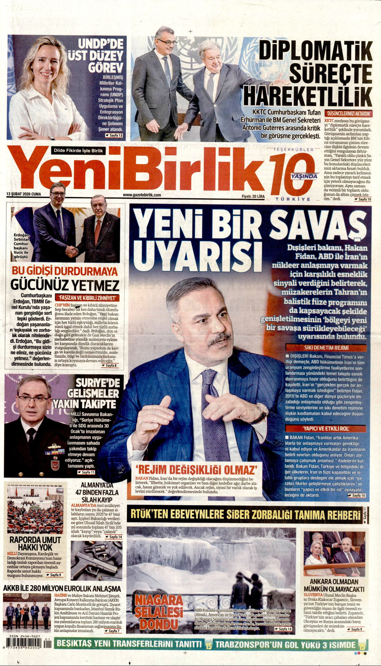 YENİBİRLİK gazetesinin 13 Şubat 2026 tarihli birinci sayfası